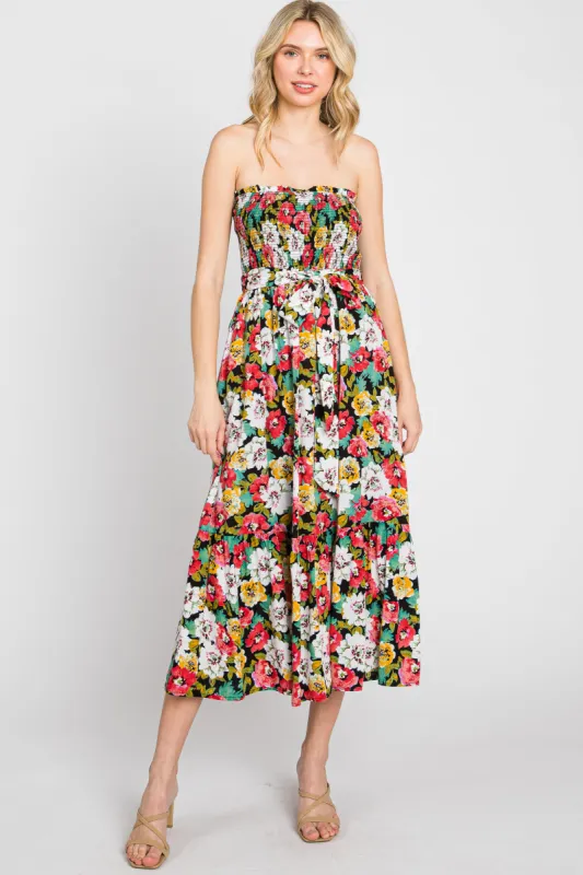 Black Floral Smocked Strapless Midi Dress sold by Pinkblush