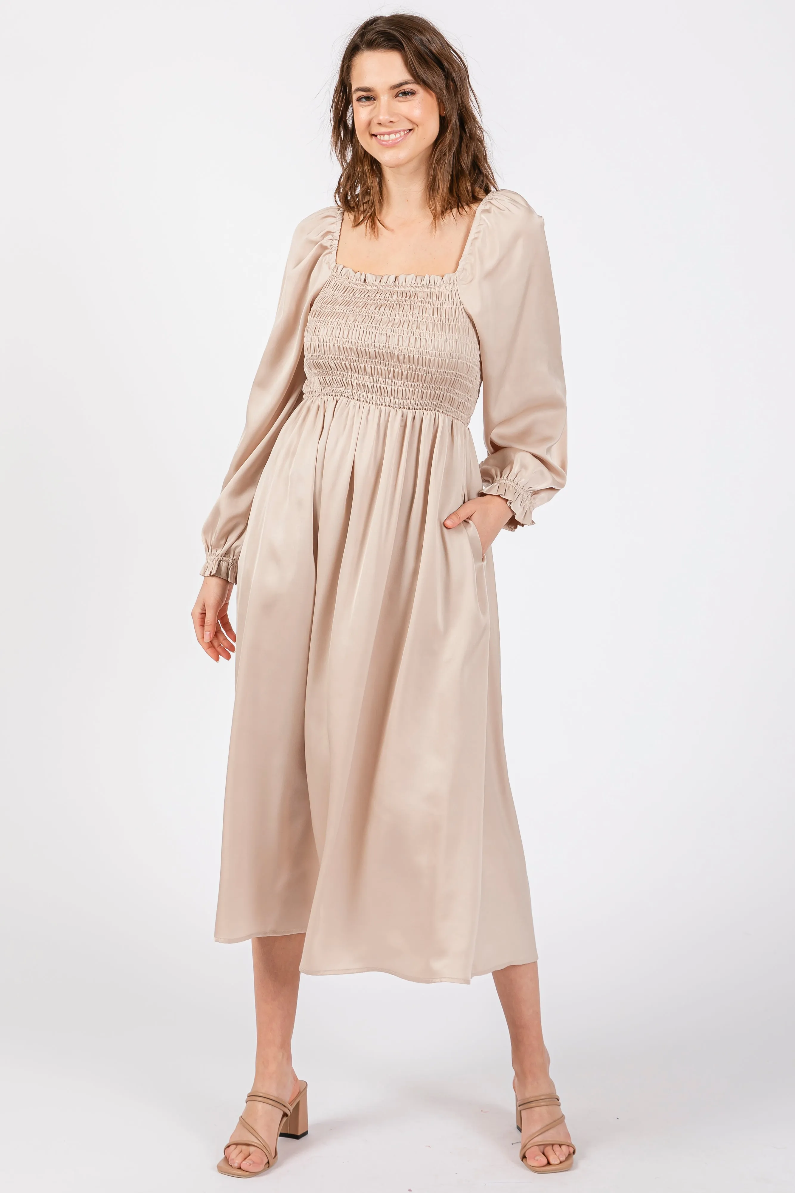 Beige Smocked Square Neck Satin Midi Dress sold by Pinkblush