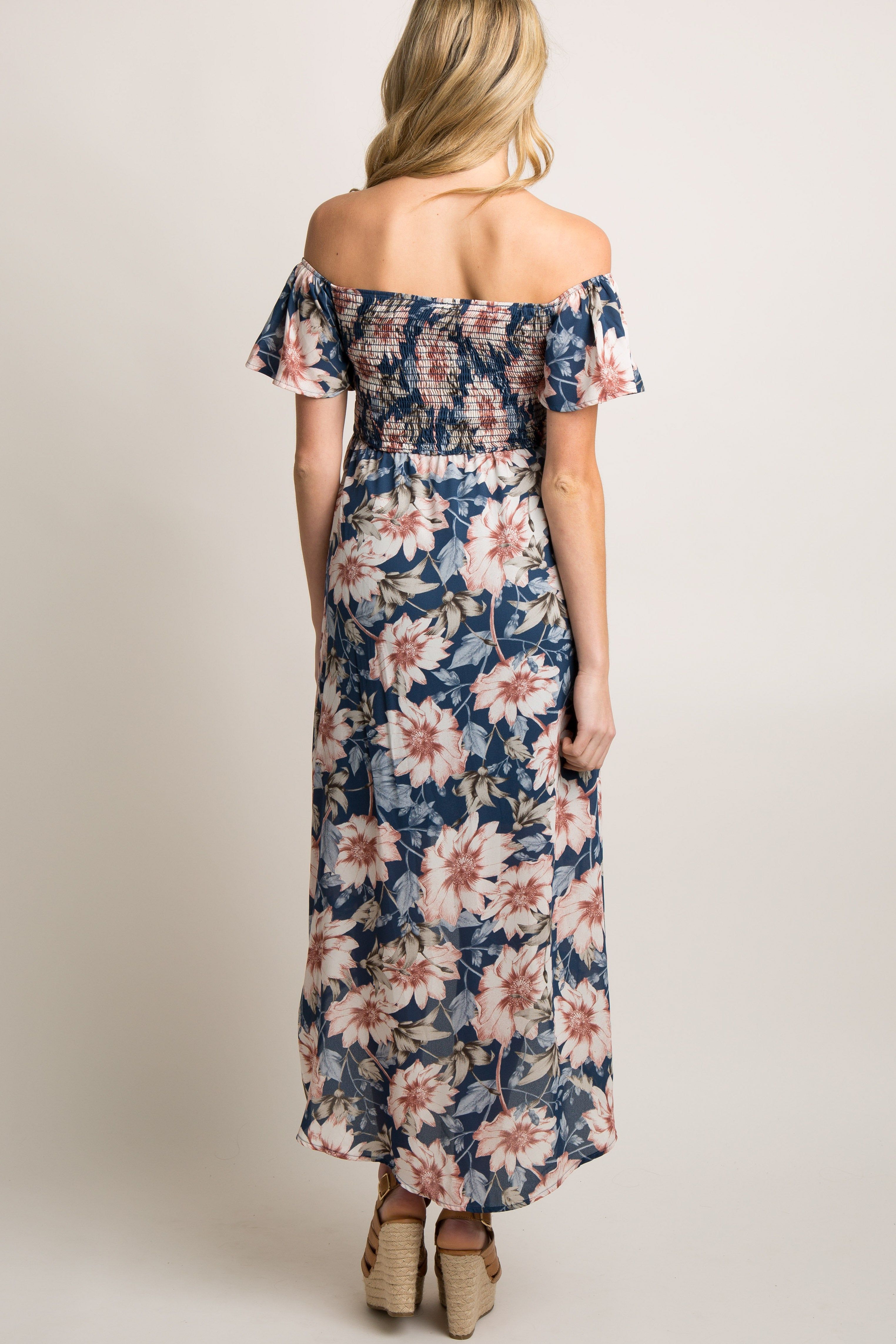 PinkBlush Blue Floral Off Shoulder Smocked Wrap Maternity Dress sold by Pinkblush product image thumbnail 4