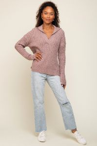 Mauve Ribbed Knit Collared Long Sleeve Top sold by Pinkblush