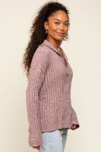 Mauve Ribbed Knit Collared Long Sleeve Top sold by Pinkblush