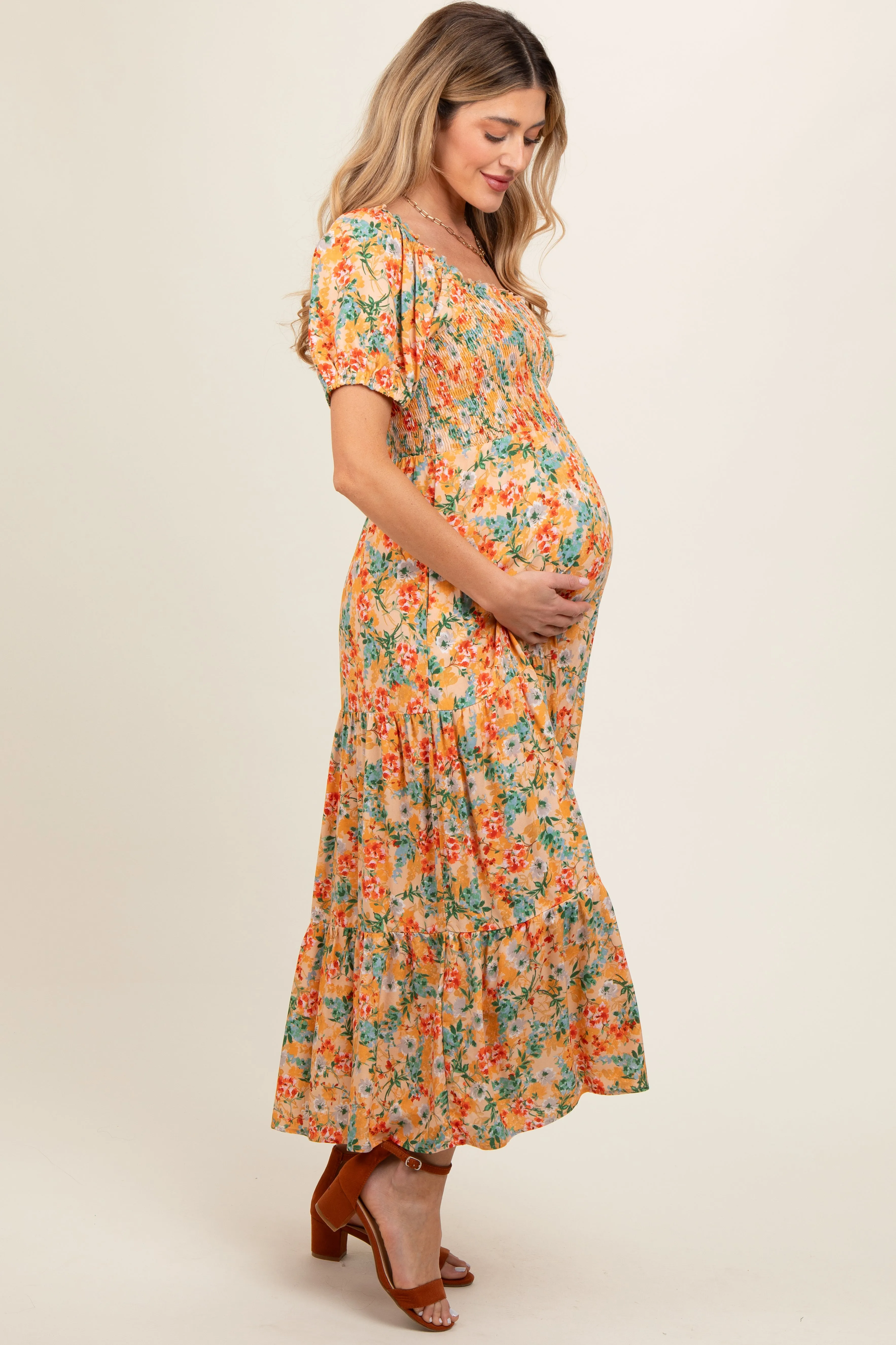 Peach Floral Smocked Tiered Maternity Midi Dress sold by Pinkblush product image thumbnail 2
