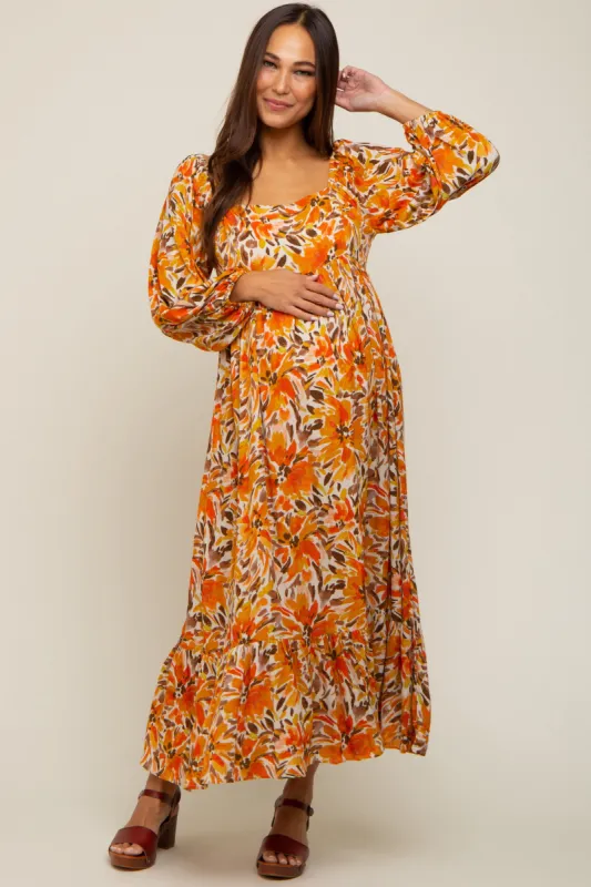 Orange Floral 3/4 Sleeve Maternity Midi Dress sold by Pinkblush