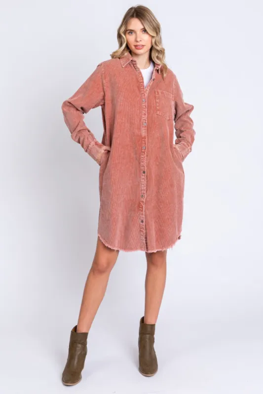 Rust Corduroy Button Down Collared Dress sold by Pinkblush