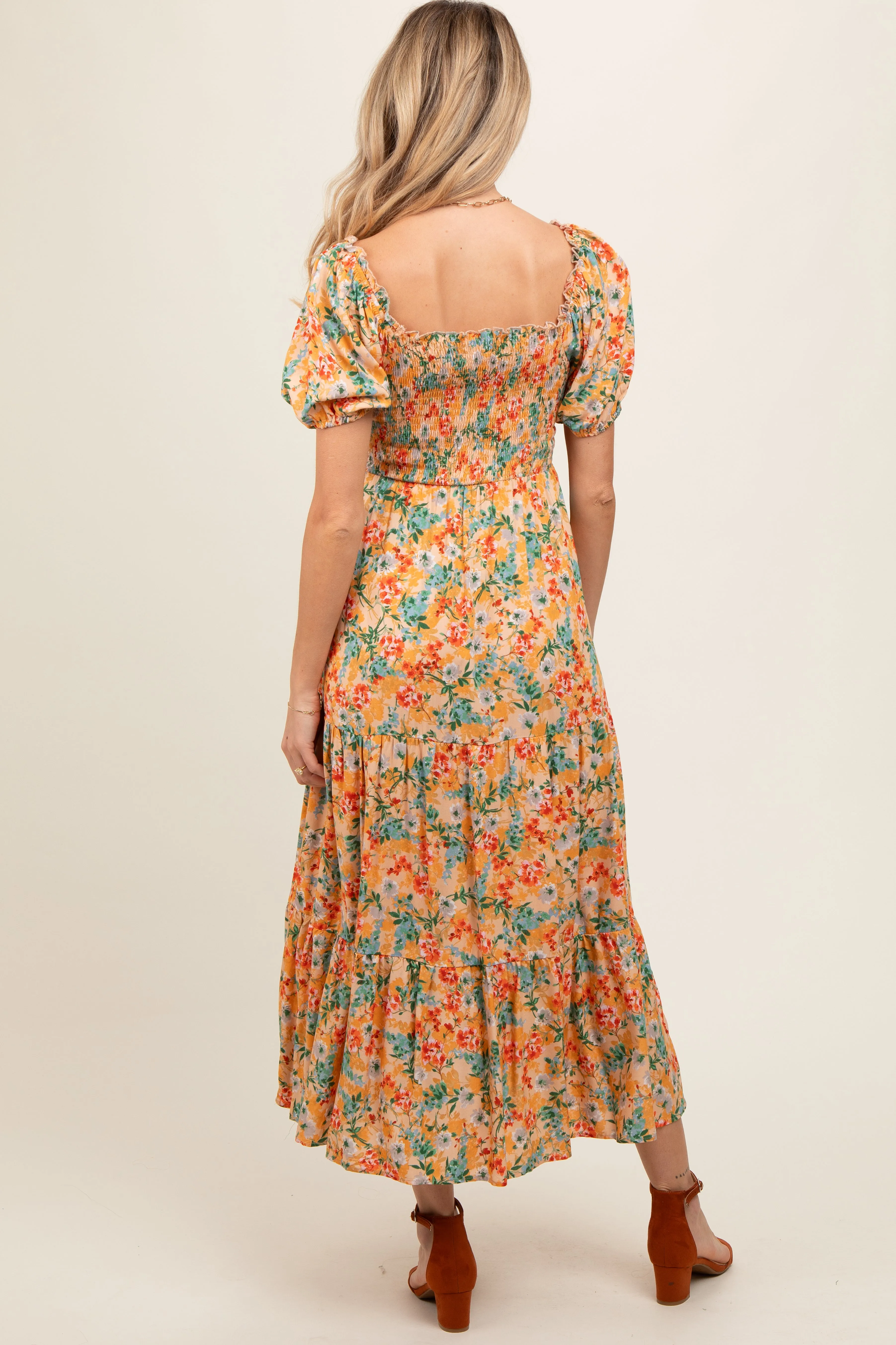 Peach Floral Smocked Tiered Maternity Midi Dress sold by Pinkblush product image thumbnail 3