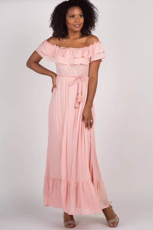 Pink Off Shoulder Tassel Tie Maxi Dress sold by Pinkblush