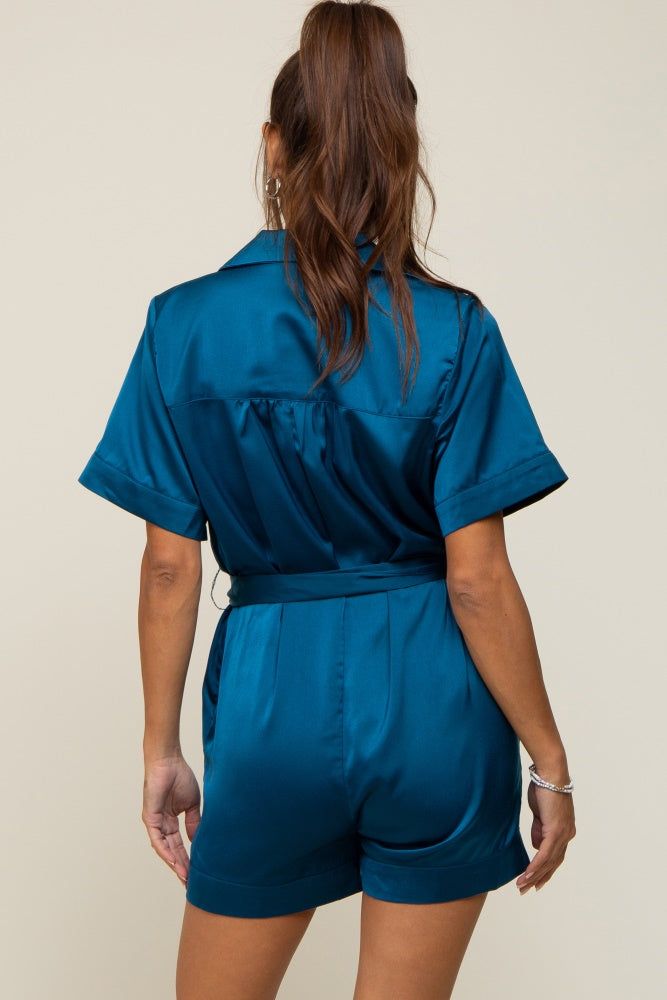 Teal Satin Button Down Maternity Romper sold by Pinkblush product image thumbnail 3