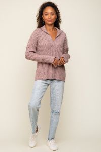 Mauve Ribbed Knit Collared Long Sleeve Top sold by Pinkblush