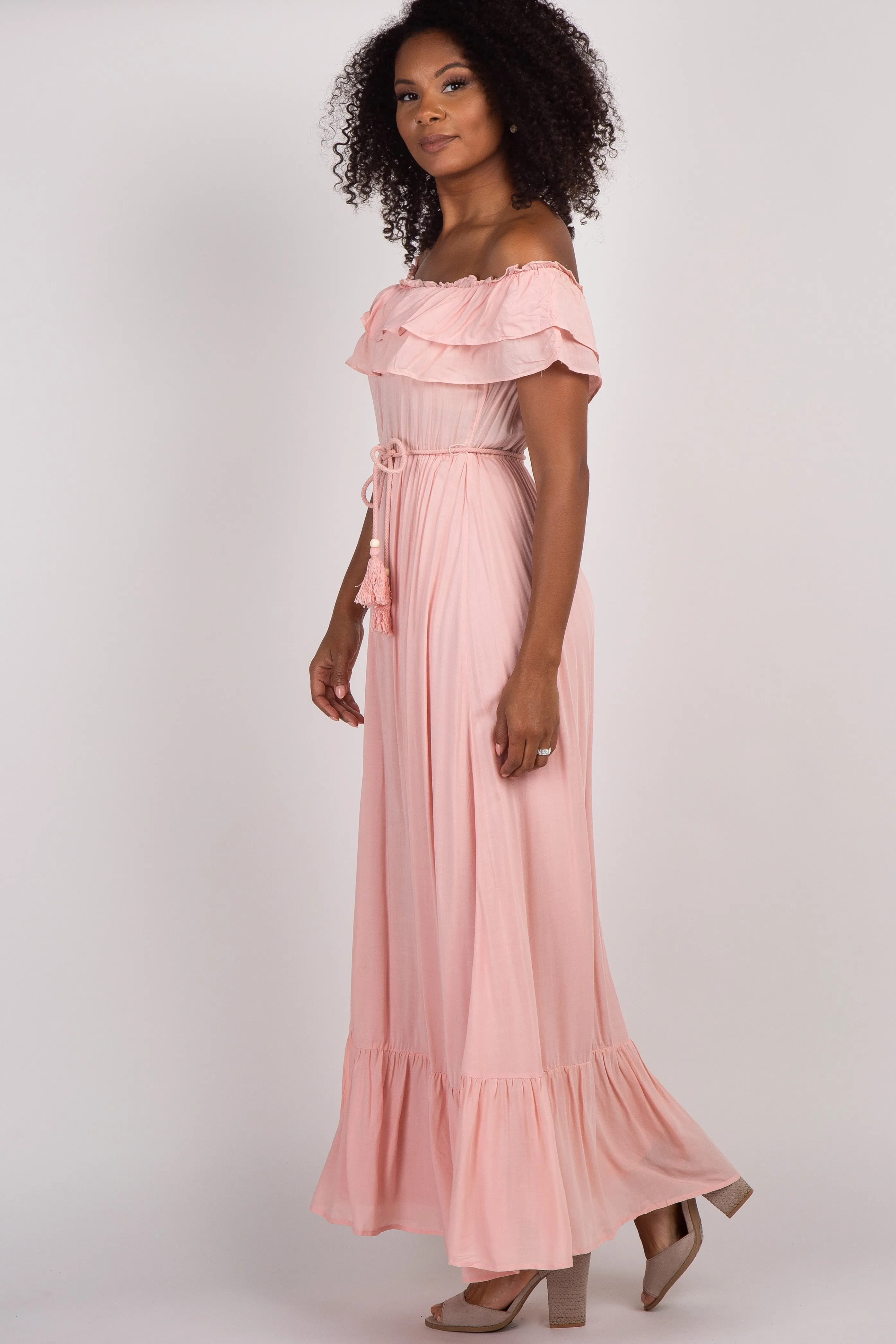Pink Off Shoulder Tassel Tie Maxi Dress sold by Pinkblush product image thumbnail 2