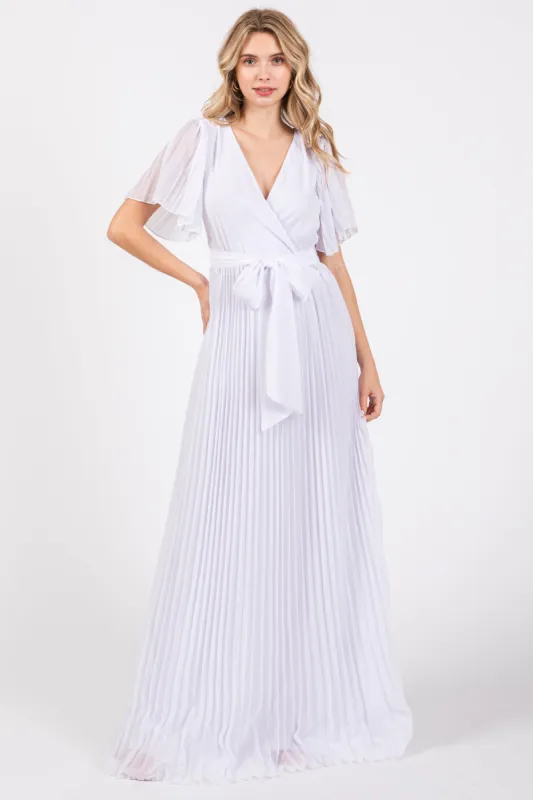 White Chiffon Wrap Front V-Neck Short Sleeve Pleated Maxi Dress sold by Pinkblush