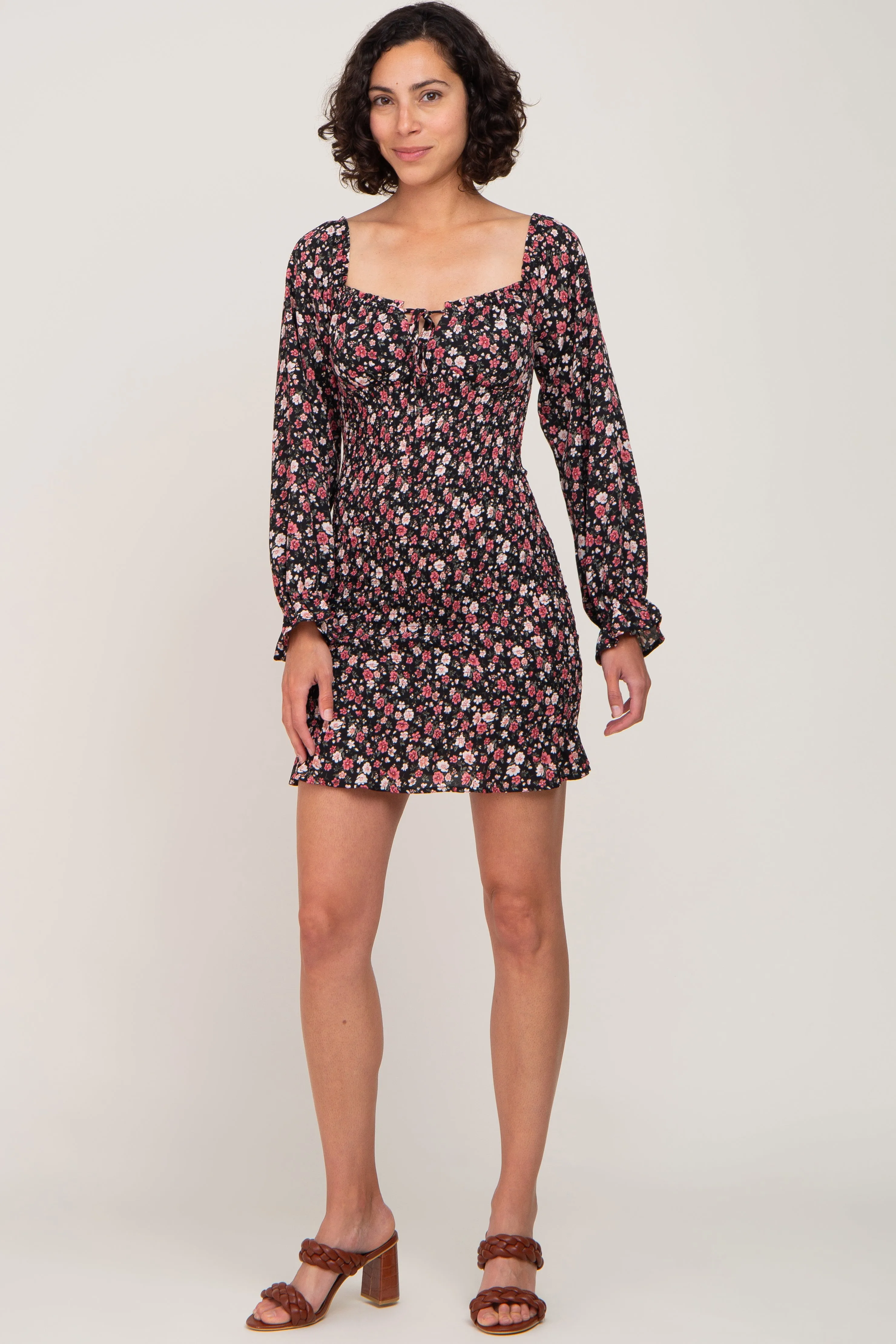 Black Floral Sweetheart Neck Smocked Long Sleeve Dress sold by Pinkblush product image thumbnail 4