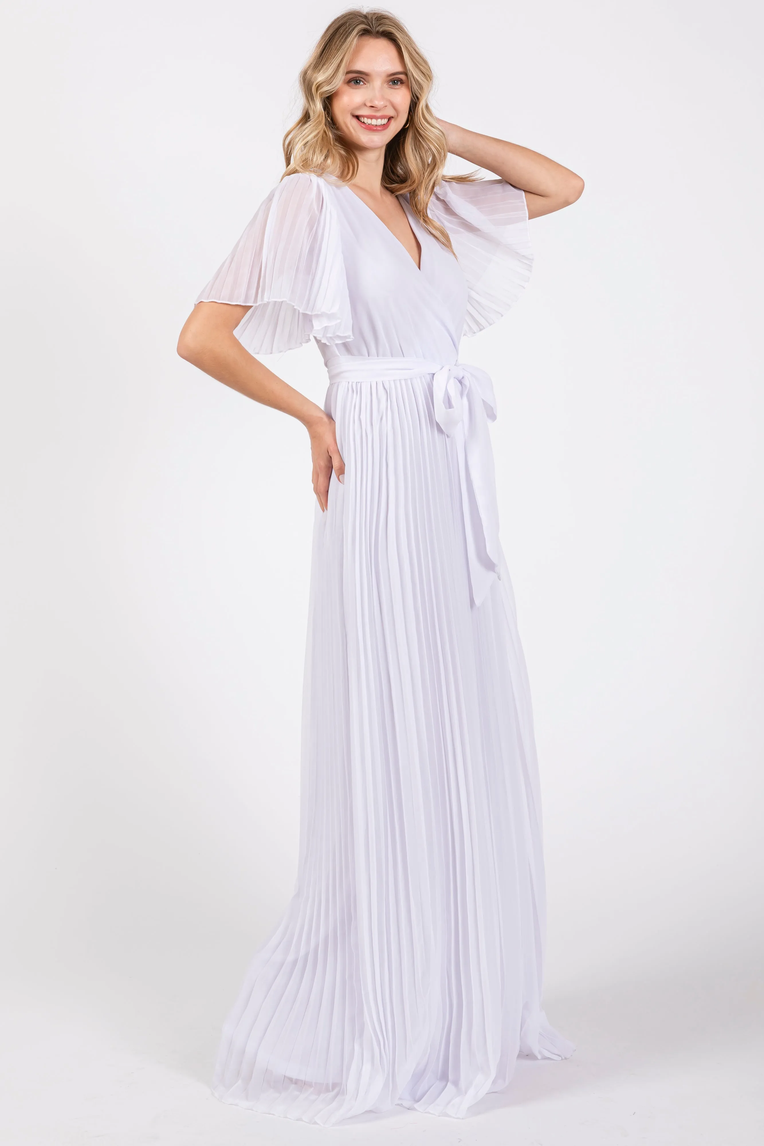 White Chiffon Wrap Front V-Neck Short Sleeve Pleated Maxi Dress sold by Pinkblush product image thumbnail 2