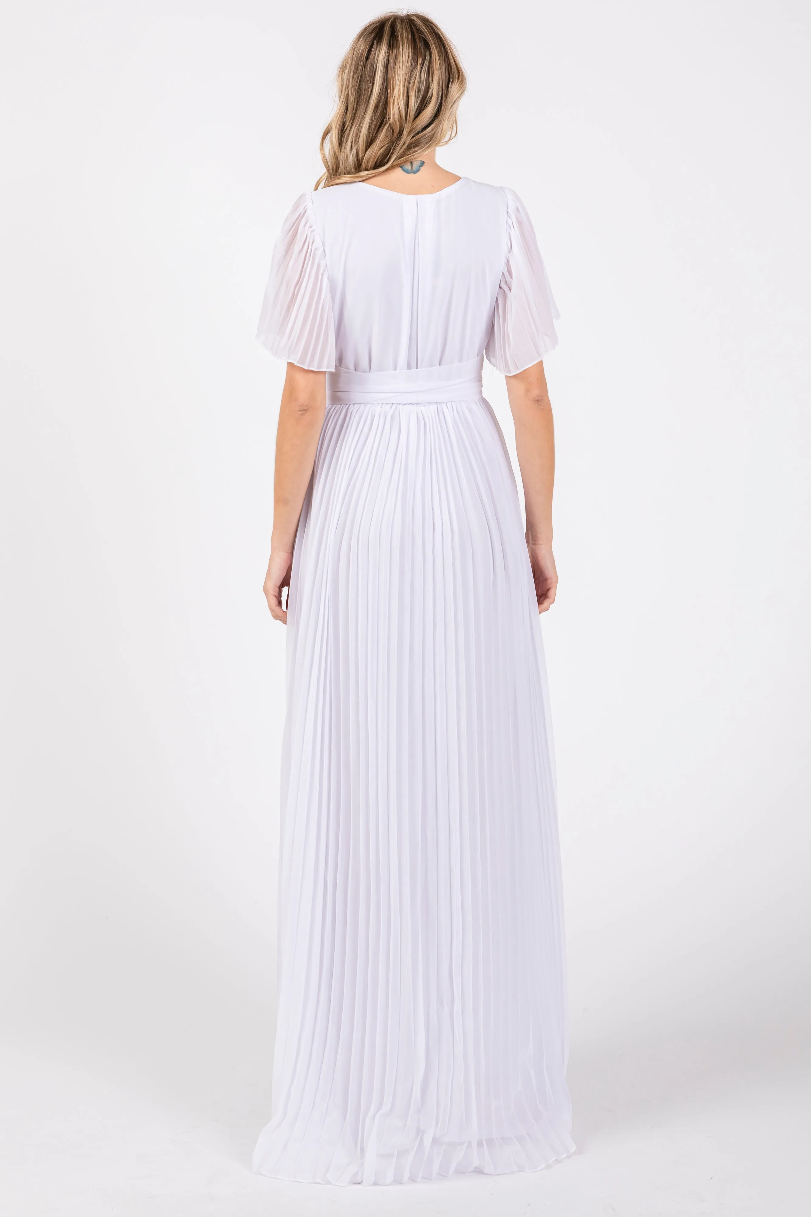 White Chiffon Wrap Front V-Neck Short Sleeve Pleated Maxi Dress sold by Pinkblush product image thumbnail 3