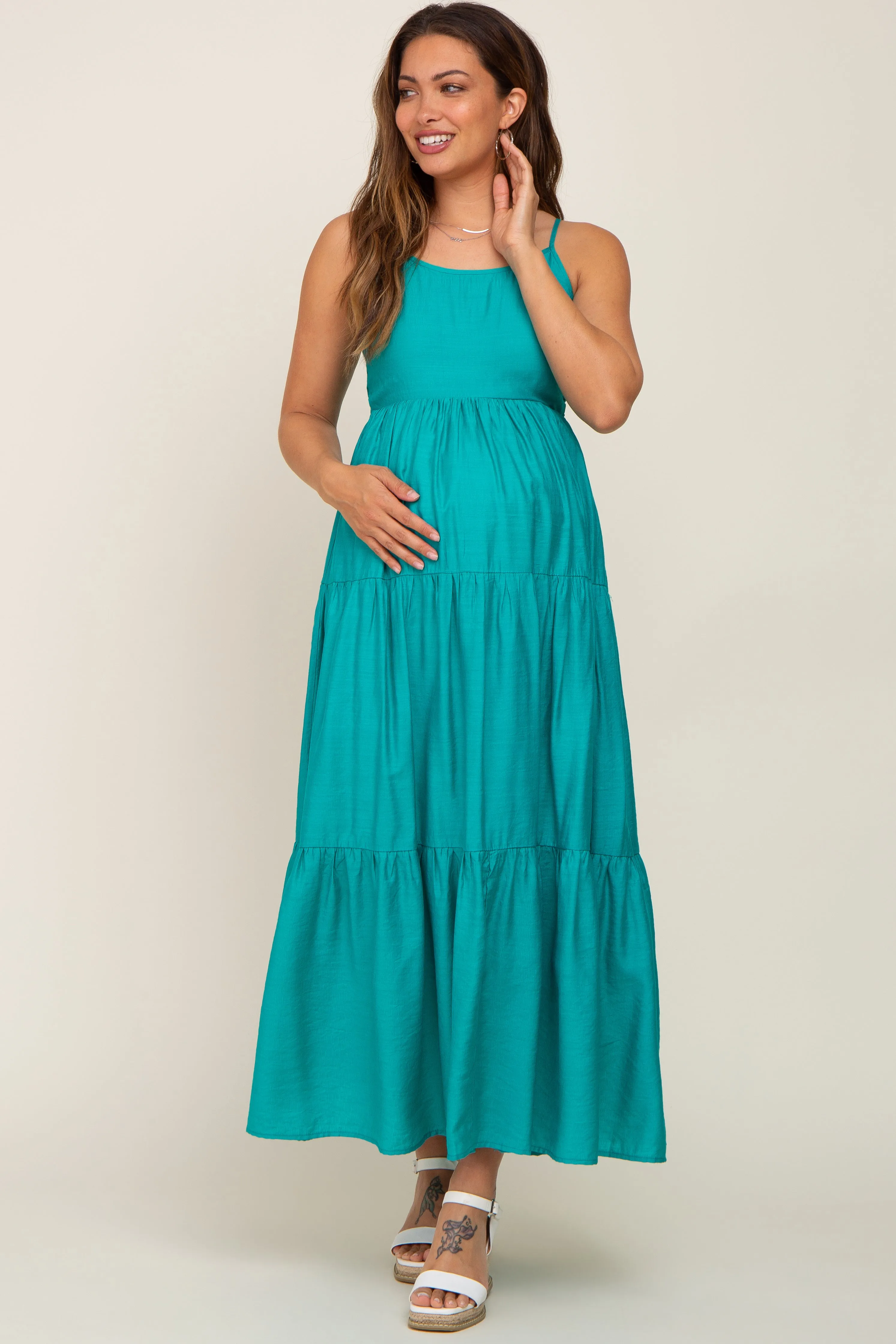 Green Tiered Maternity Maxi Dress sold by Pinkblush product image thumbnail 4