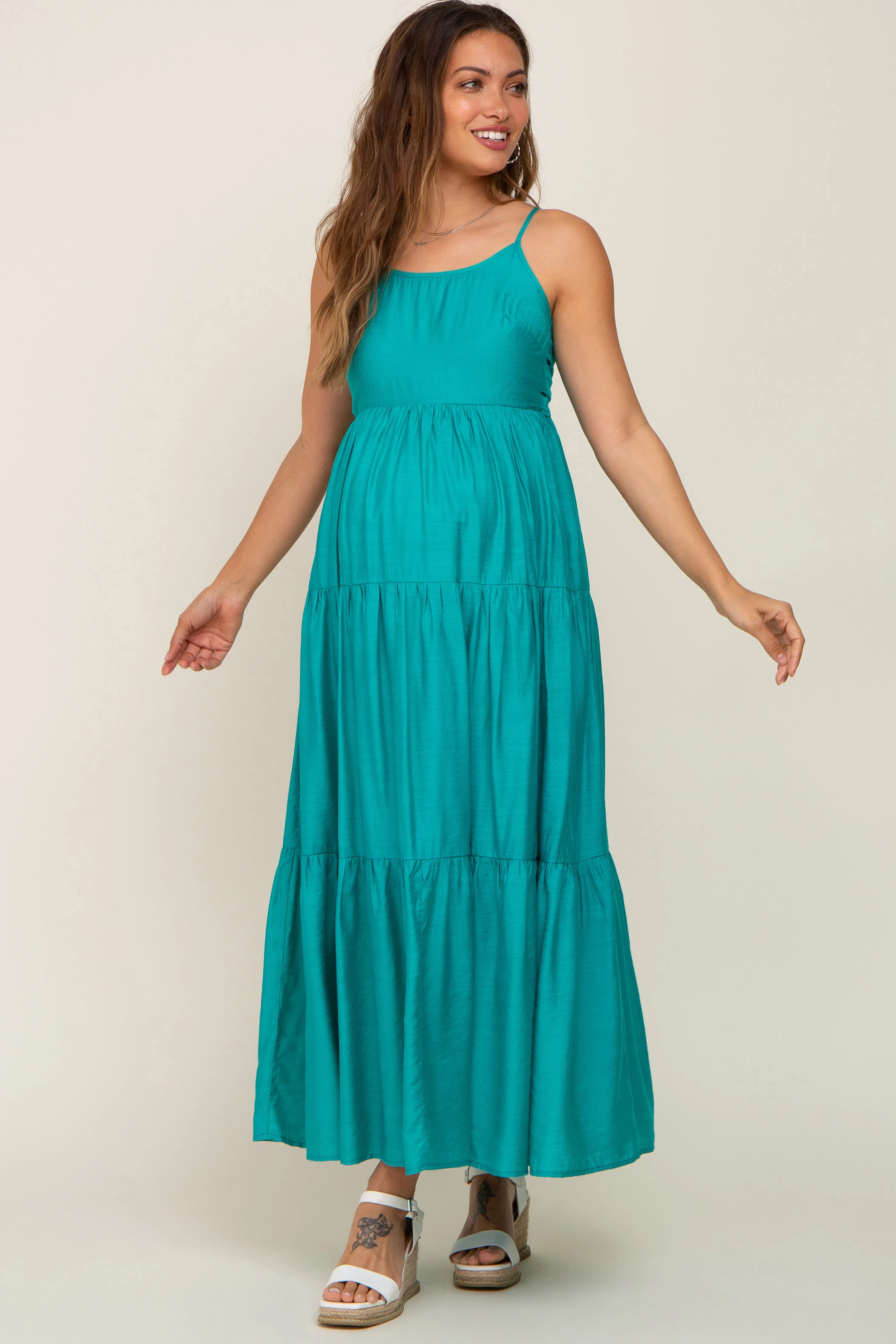 Green Tiered Maternity Maxi Dress sold by Pinkblush
