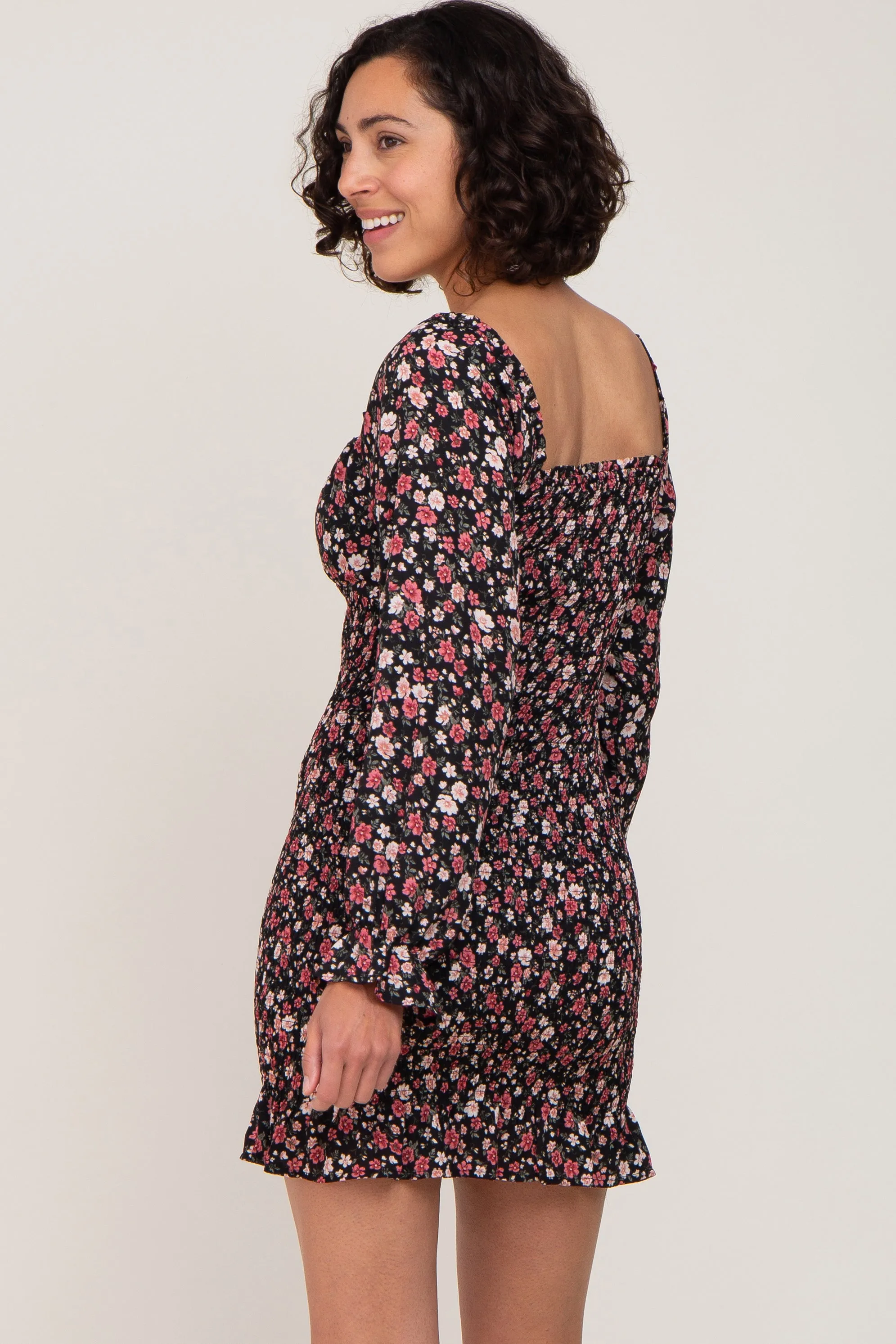 Black Floral Sweetheart Neck Smocked Long Sleeve Dress sold by Pinkblush product image thumbnail 3