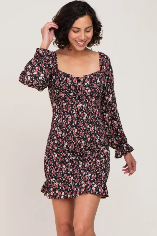 Black Floral Sweetheart Neck Smocked Long Sleeve Dress sold by Pinkblush