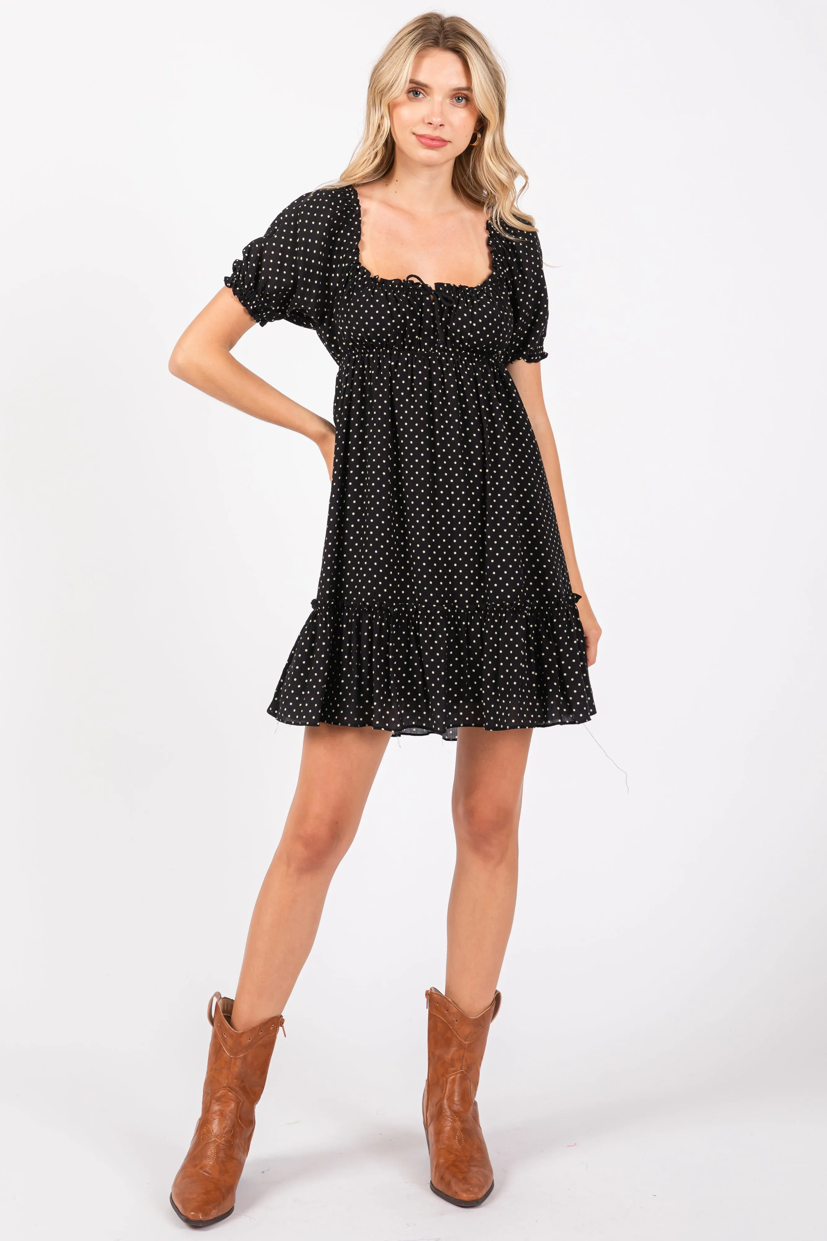 Black Polka Dot Puff Sleeve Tie Front Dress sold by Pinkblush product image thumbnail 4
