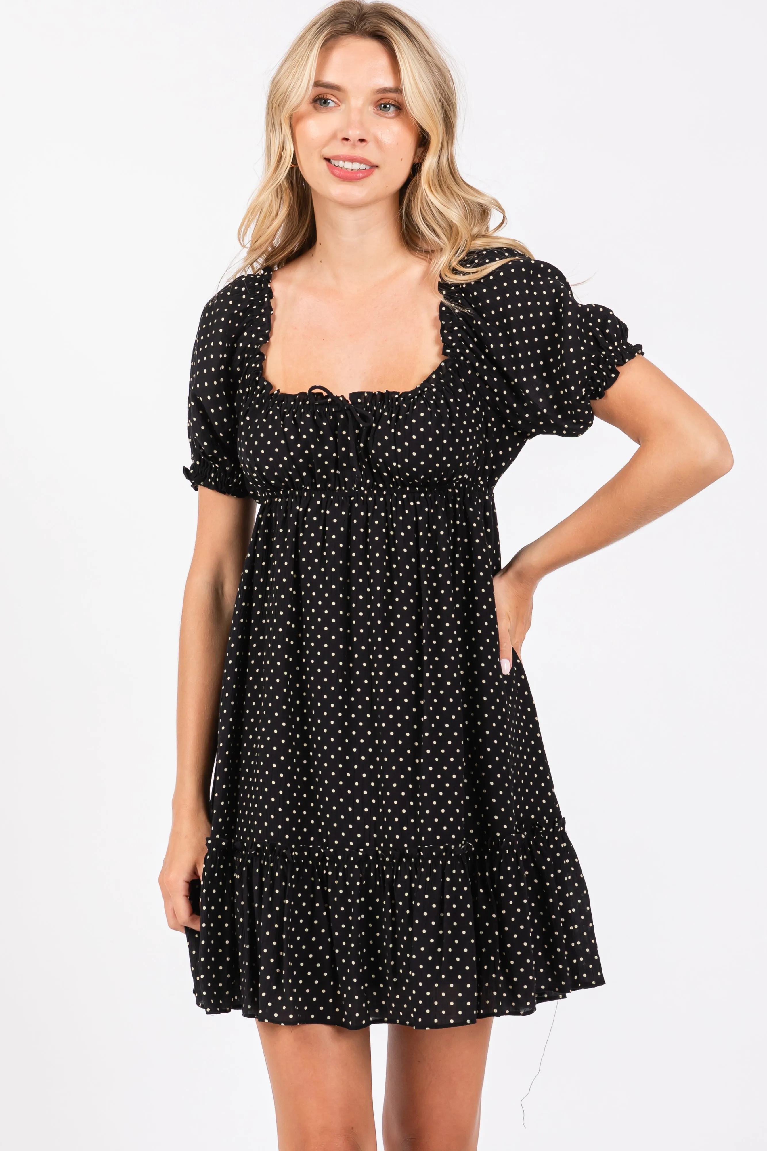 Black Polka Dot Puff Sleeve Tie Front Dress sold by Pinkblush