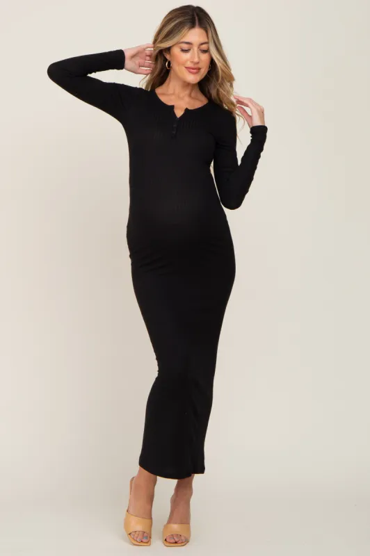 Black Ribbed Long Sleeve Maternity Maxi Dress sold by Pinkblush