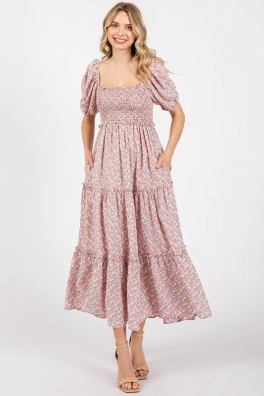 Light Pink Floral Smocked Tiered Puff Sleeve Maxi Dress sold by Pinkblush