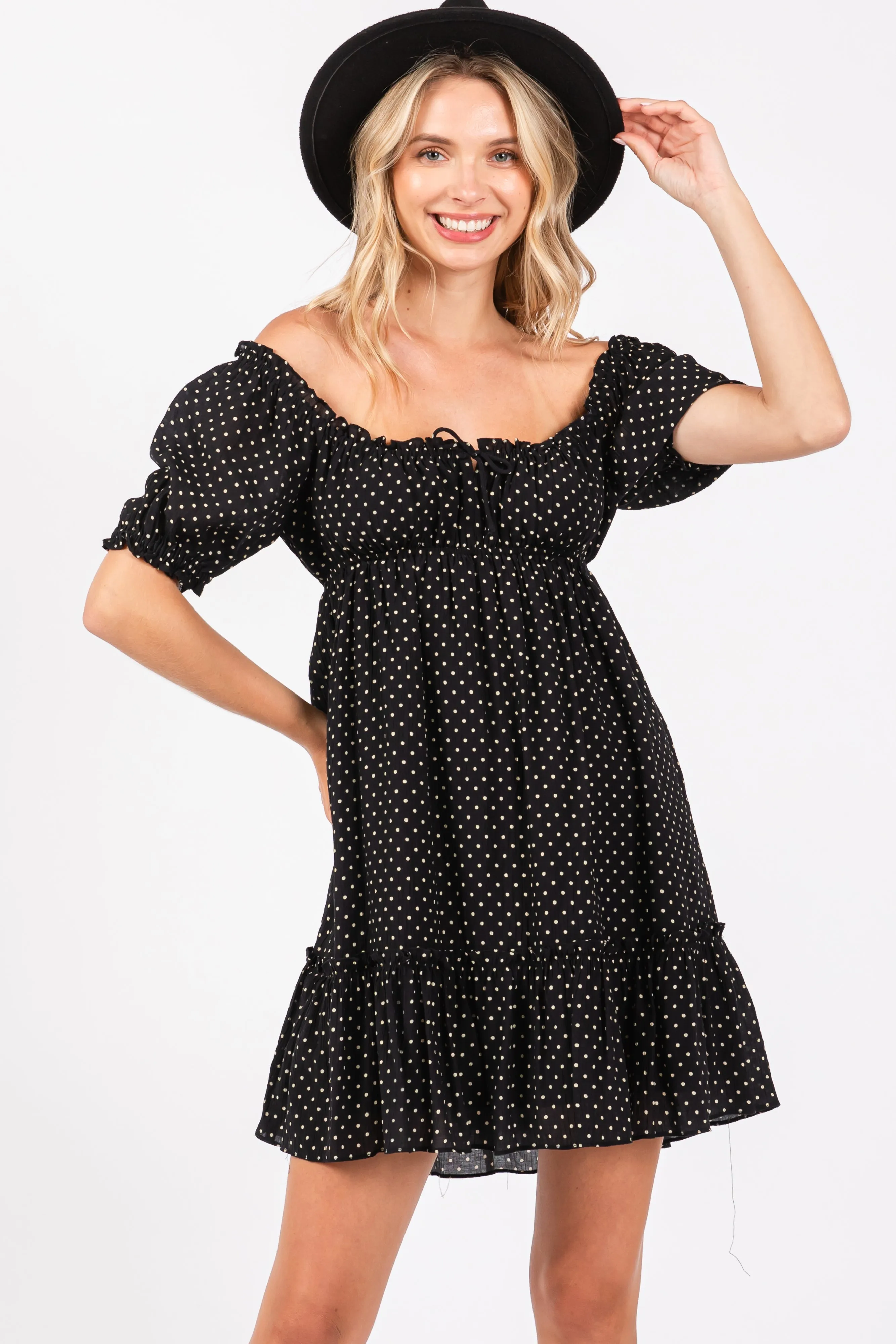 Black Polka Dot Puff Sleeve Tie Front Dress sold by Pinkblush product image thumbnail 5