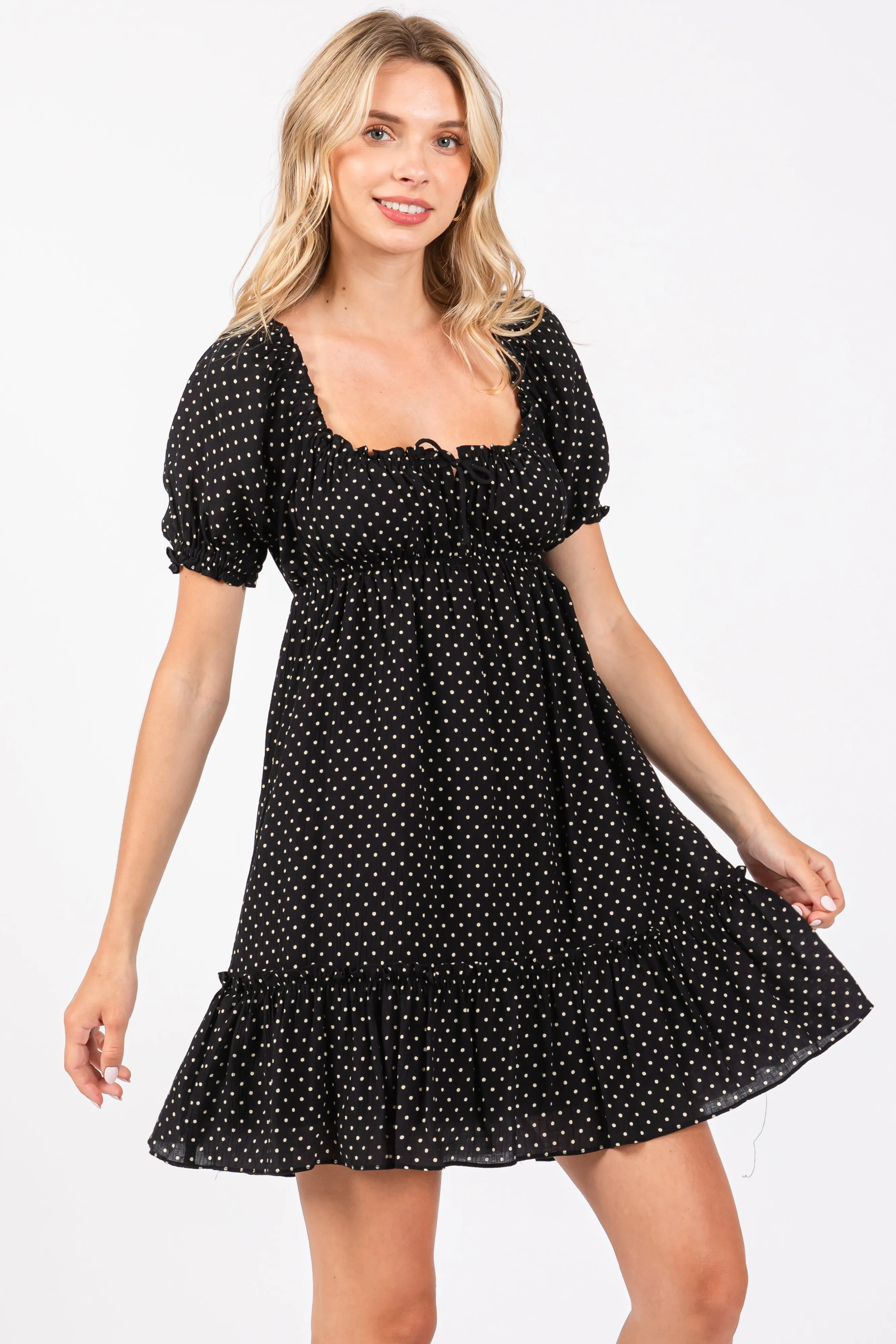 Black Polka Dot Puff Sleeve Tie Front Dress sold by Pinkblush product image thumbnail 2