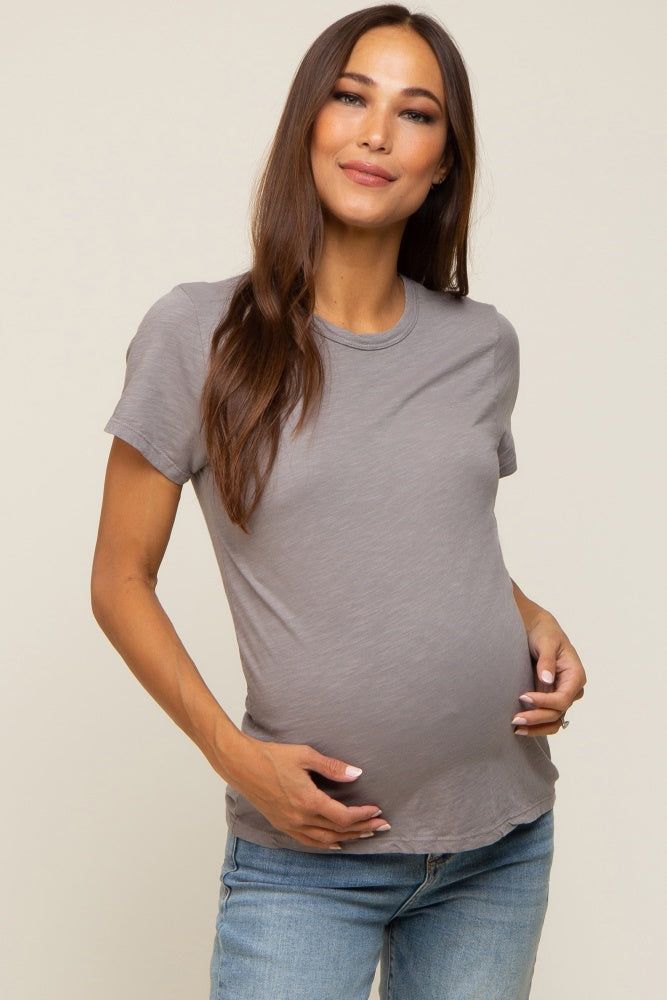 Grey Slub Knit Cropped Maternity T-Shirt sold by Pinkblush product image thumbnail 2