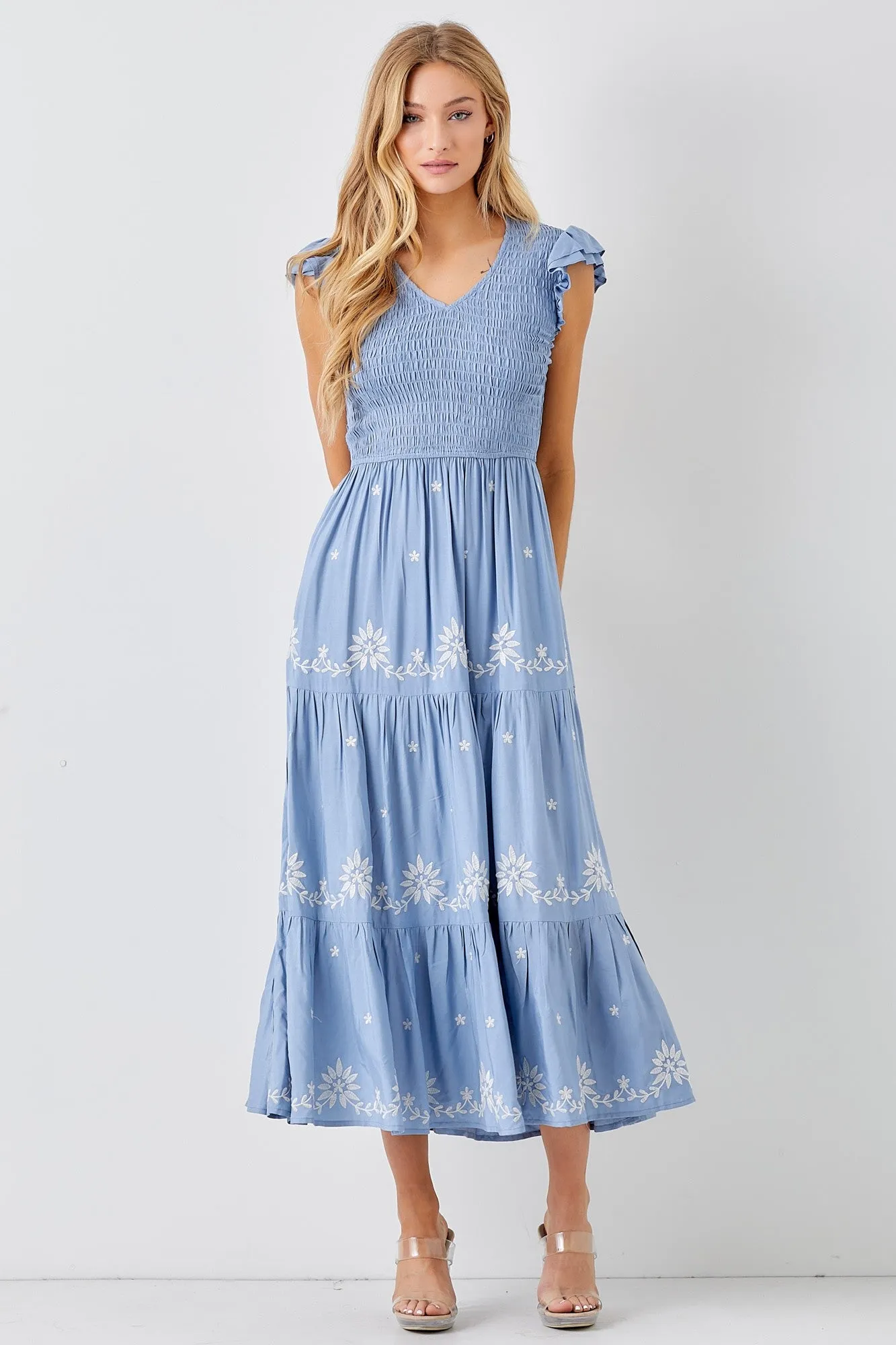 Dusty Blue V Neck Smocked Bodice Maxi Dress sold by Pinkblush