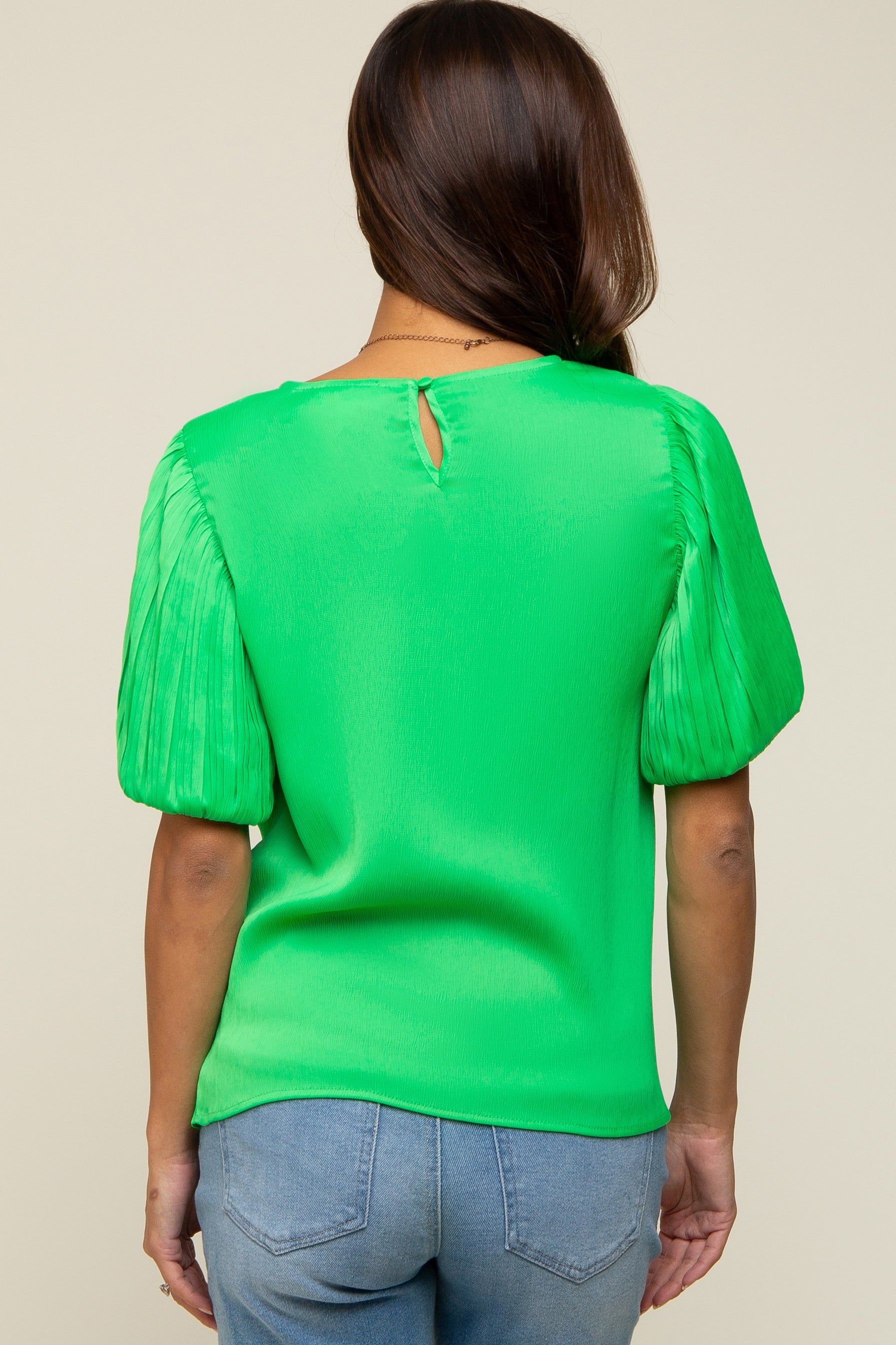 Green Satin Pleated Puff Short Sleeve Maternity Blouse sold by Pinkblush product image thumbnail 3