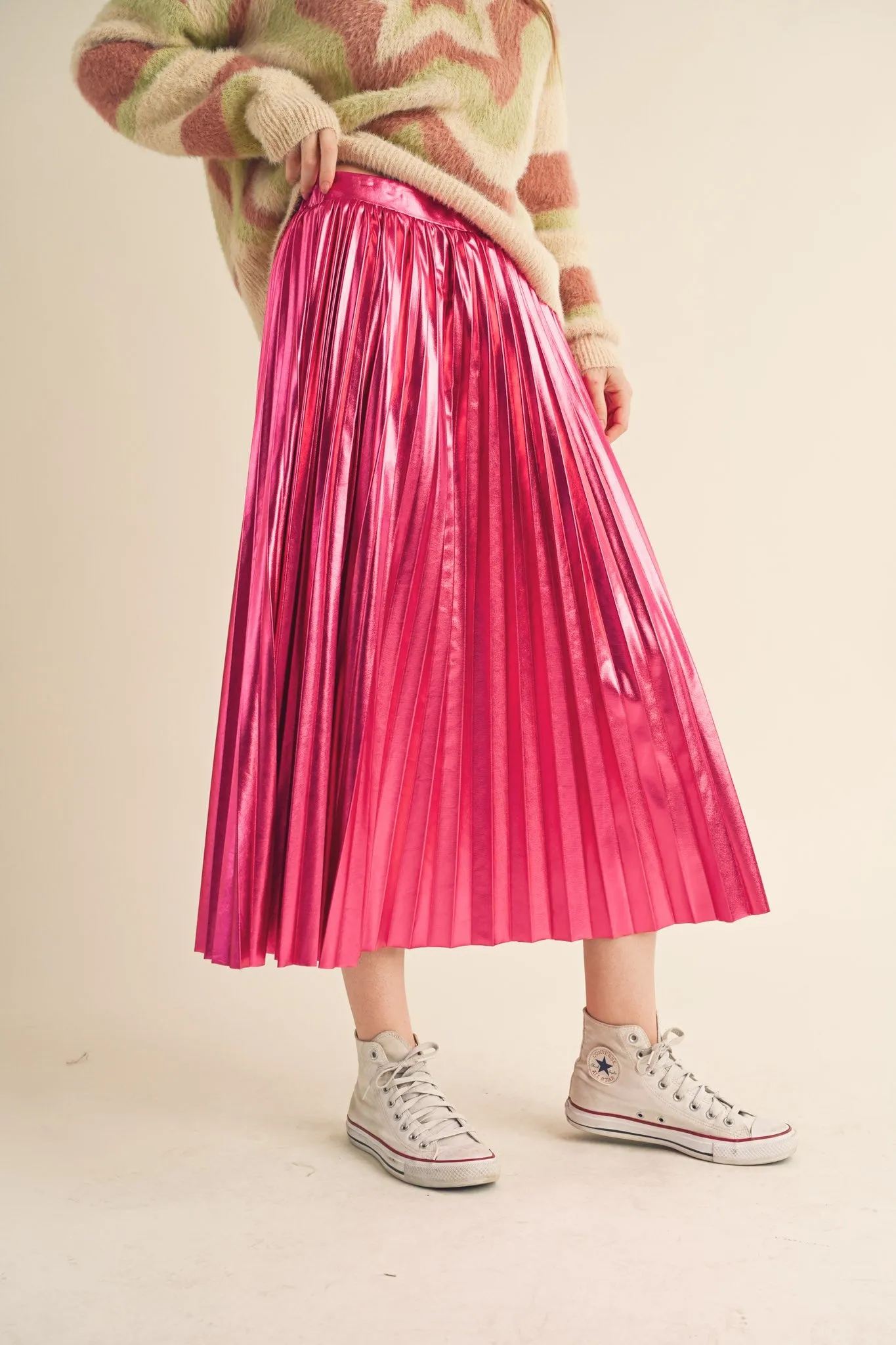 Pink Metallic Pleated Midi Skirt sold by Pinkblush product image thumbnail 3