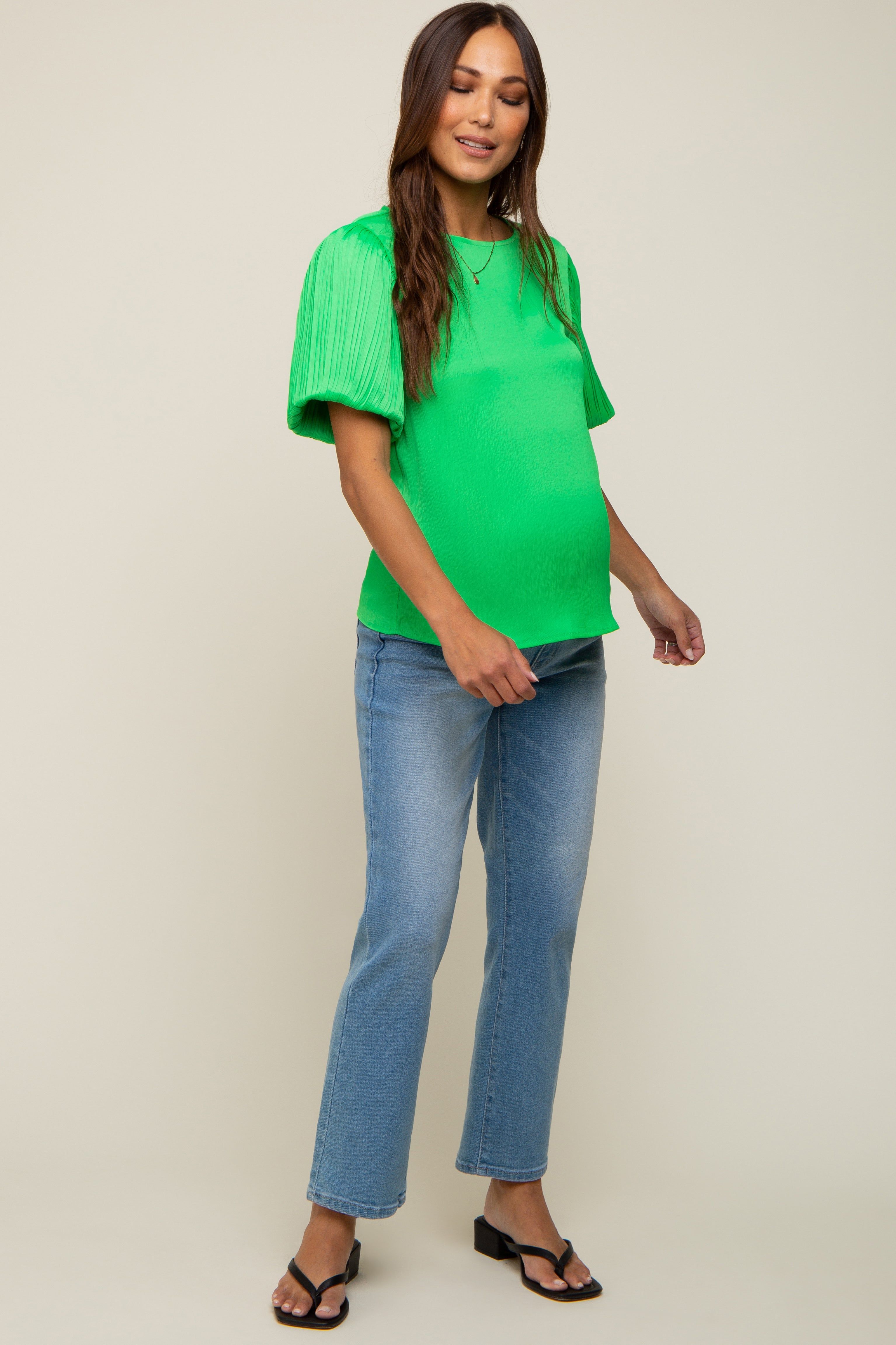 Green Satin Pleated Puff Short Sleeve Maternity Blouse sold by Pinkblush product image thumbnail 4