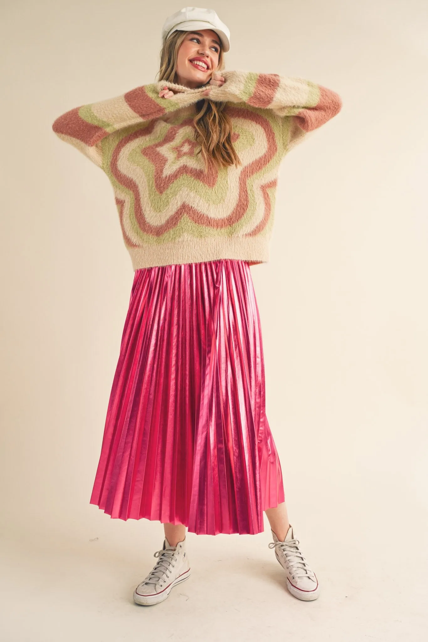 Pink Metallic Pleated Midi Skirt sold by Pinkblush