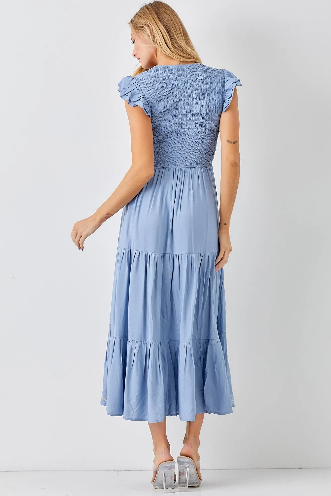 Dusty Blue V Neck Smocked Bodice Maxi Dress sold by Pinkblush product image thumbnail 3