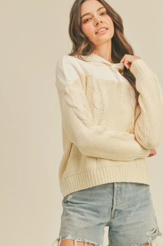 Cream French Terry And Cable Knit Mixed Hoodie made by Pinkblush