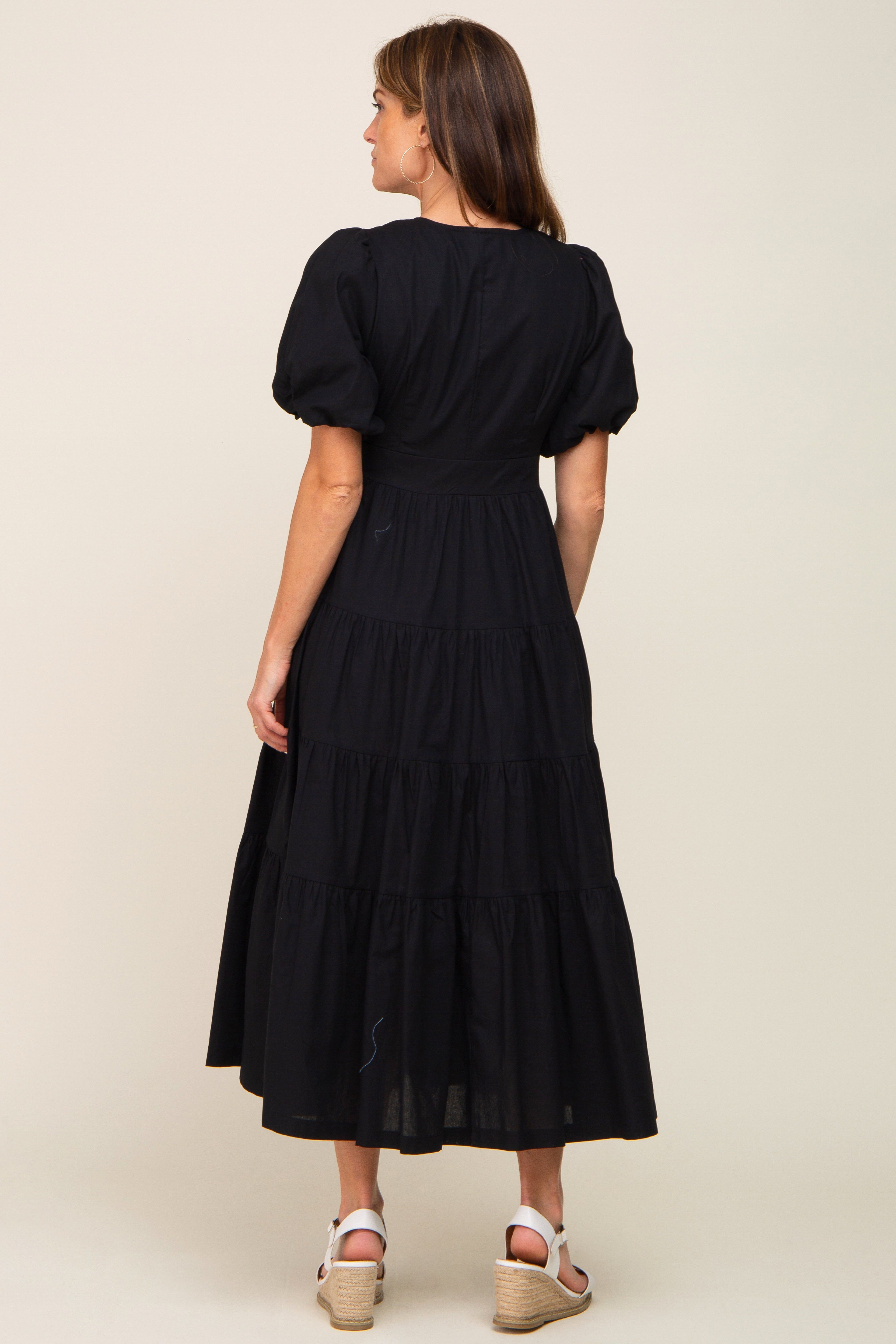Black Linen Wrap V-Neck Short Sleeve Tiered Midi Dress sold by Pinkblush product image thumbnail 3