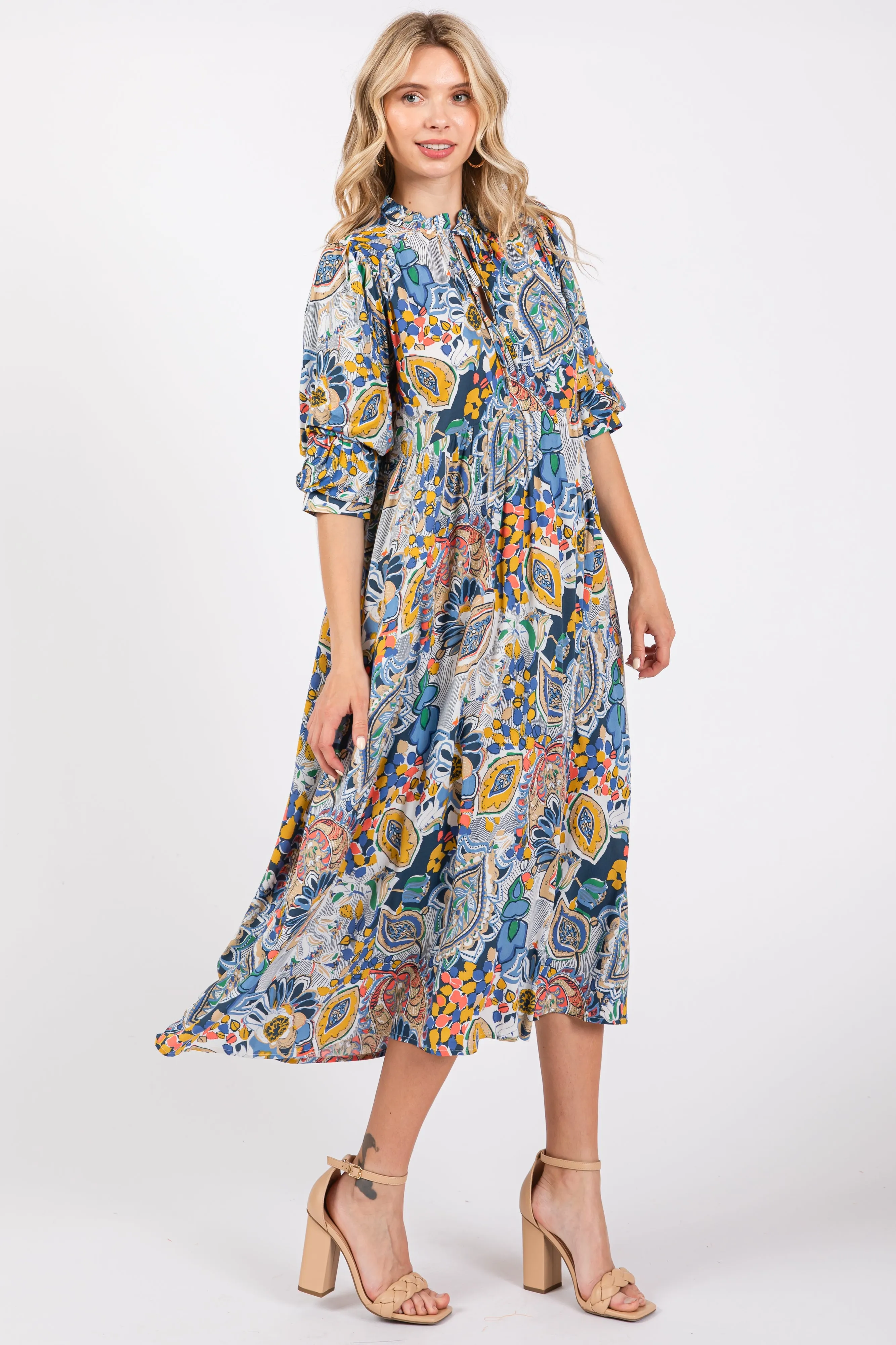 Blue Paisley Print Tiered A-Line Midi Dress sold by Pinkblush product image thumbnail 2