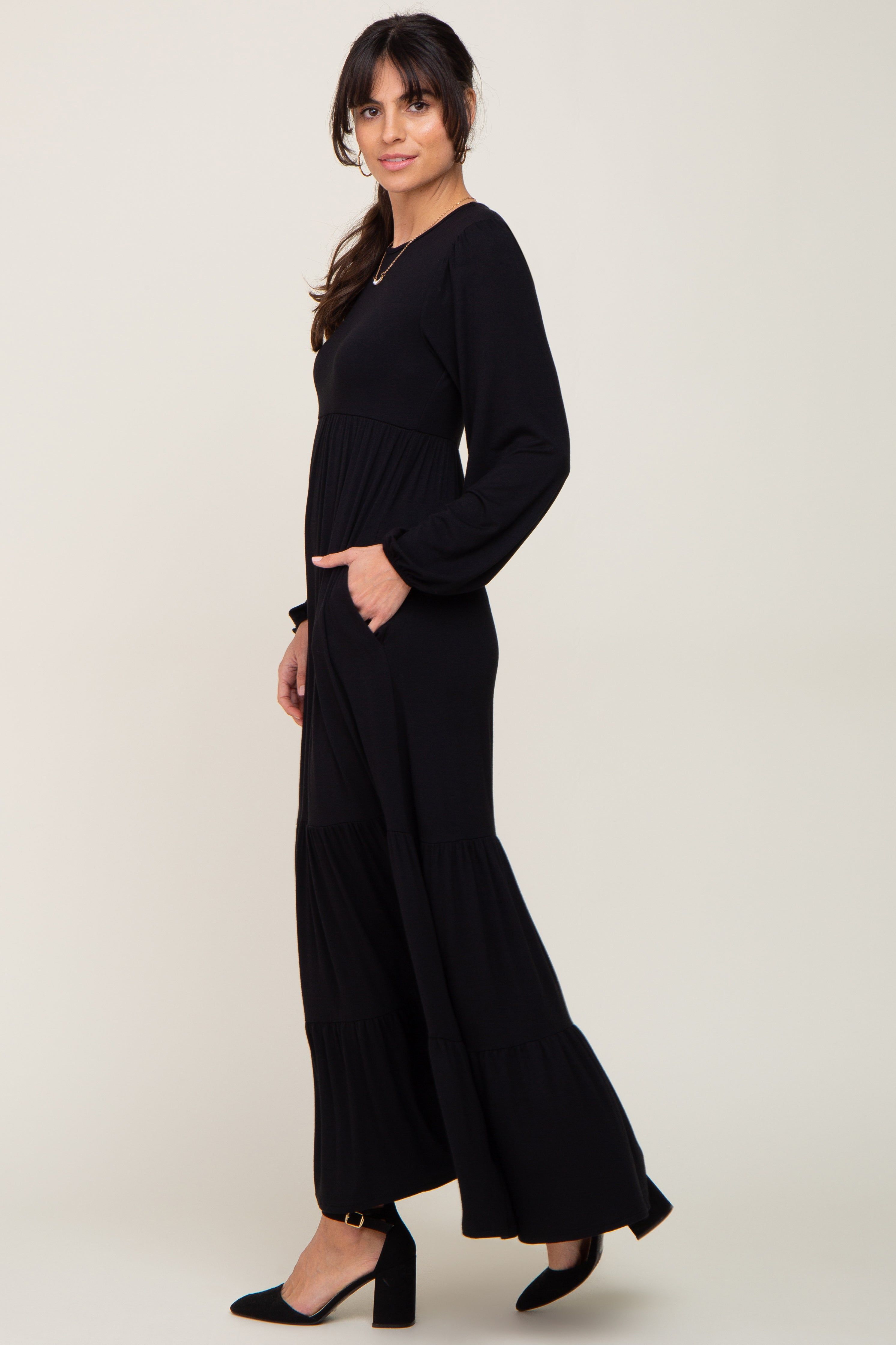 Black Long Sleeve Tiered Maxi Dress sold by Pinkblush product image thumbnail 2