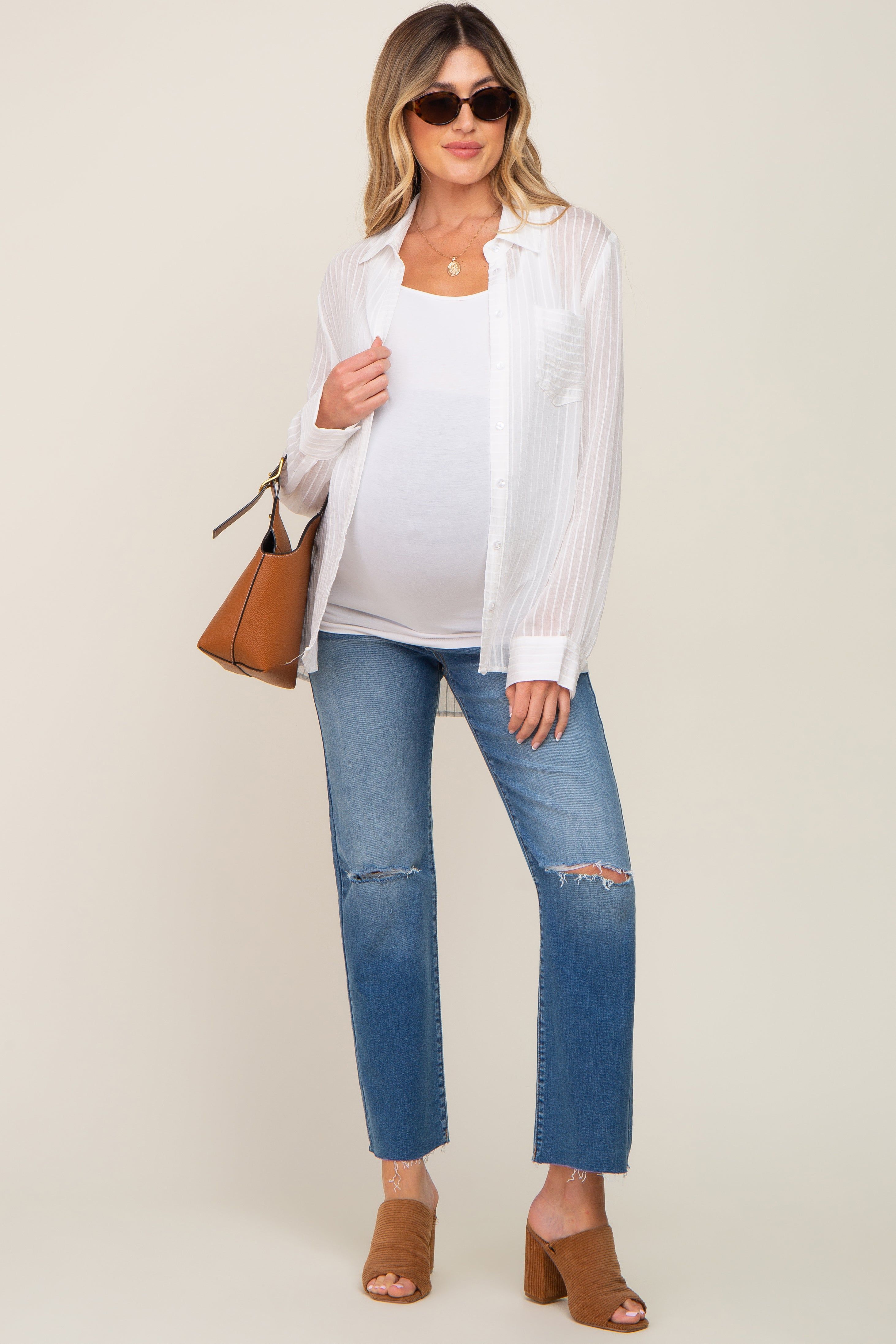 White Textured Stripe Collared Button-Down Long Sleeve Maternity Top sold by Pinkblush product image thumbnail 4