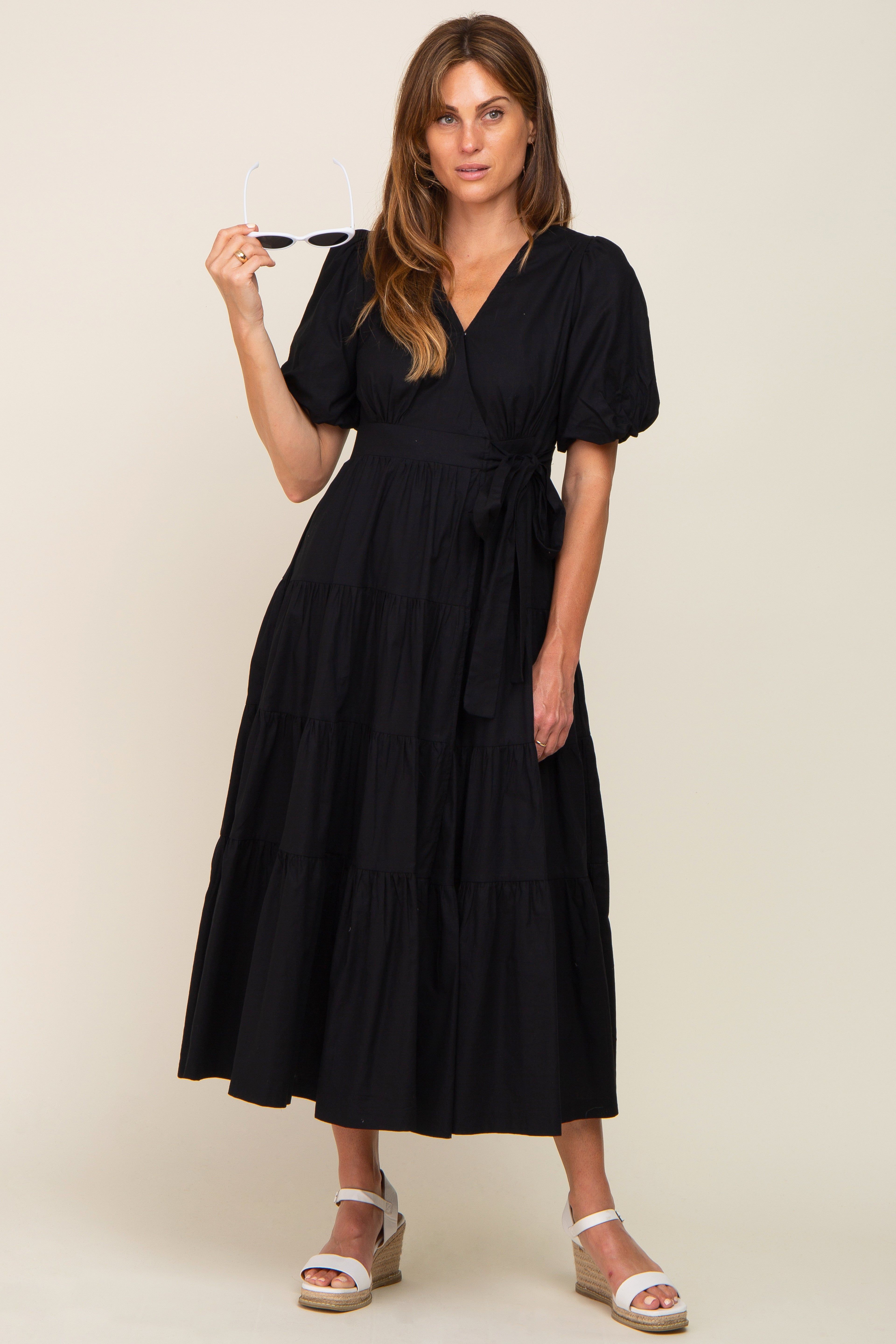 Black Linen Wrap V-Neck Short Sleeve Tiered Midi Dress sold by Pinkblush product image thumbnail 4
