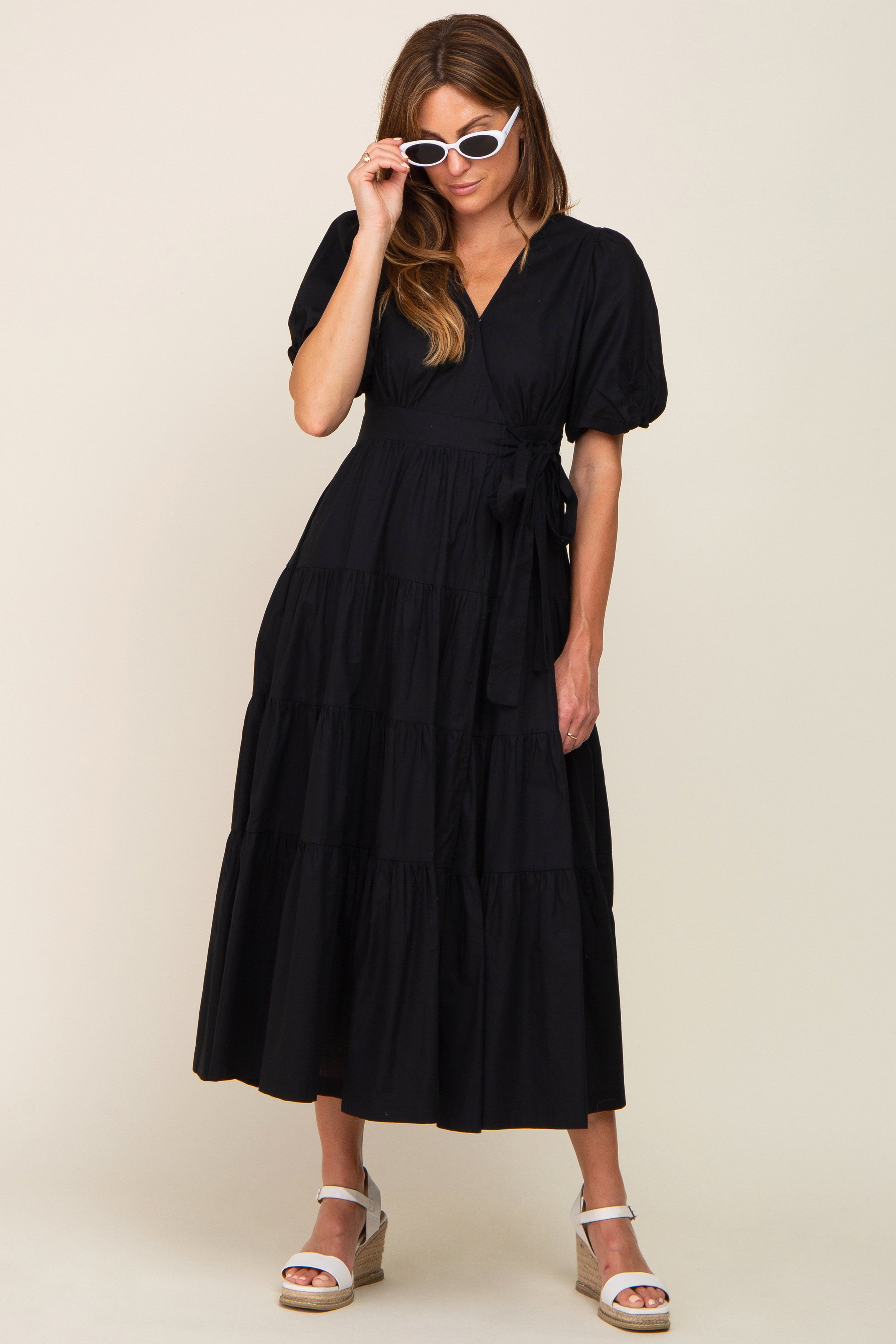Black Linen Wrap V-Neck Short Sleeve Tiered Midi Dress sold by Pinkblush