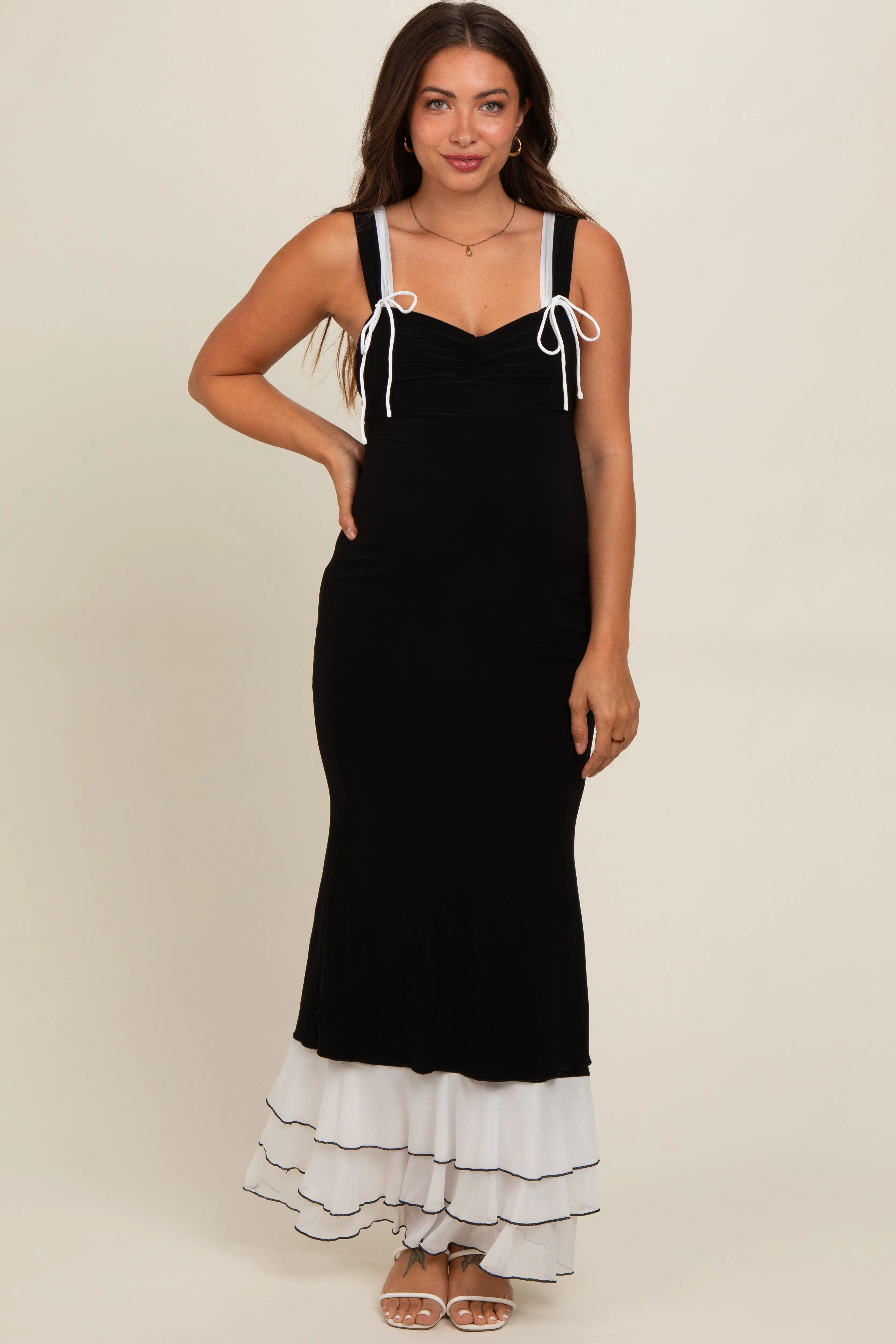 Black Shoulder Tie Layered Hem Maternity Maxi Dress sold by Pinkblush