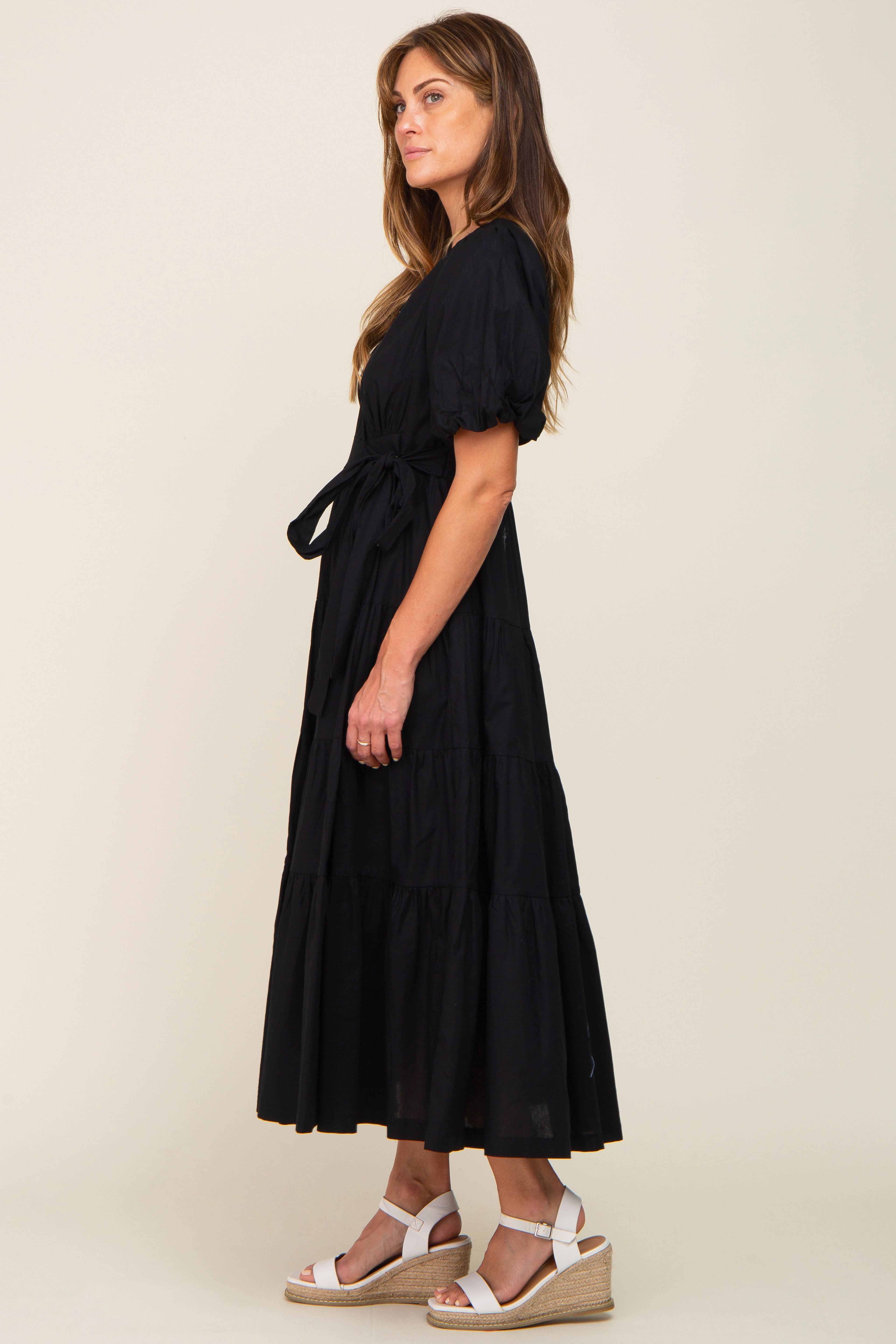 Black Linen Wrap V-Neck Short Sleeve Tiered Midi Dress sold by Pinkblush product image thumbnail 2