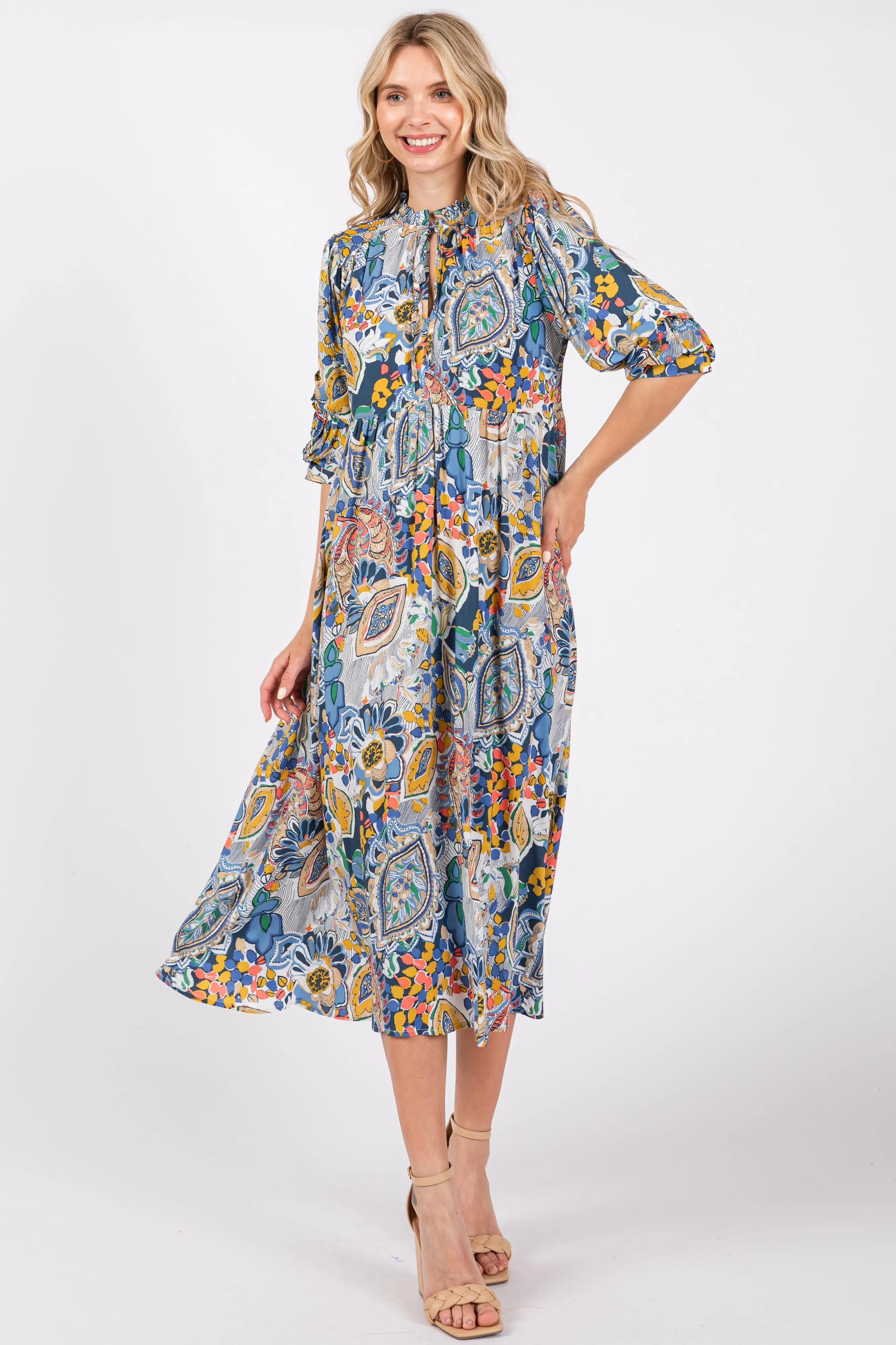 Blue Paisley Print Tiered A-Line Midi Dress sold by Pinkblush