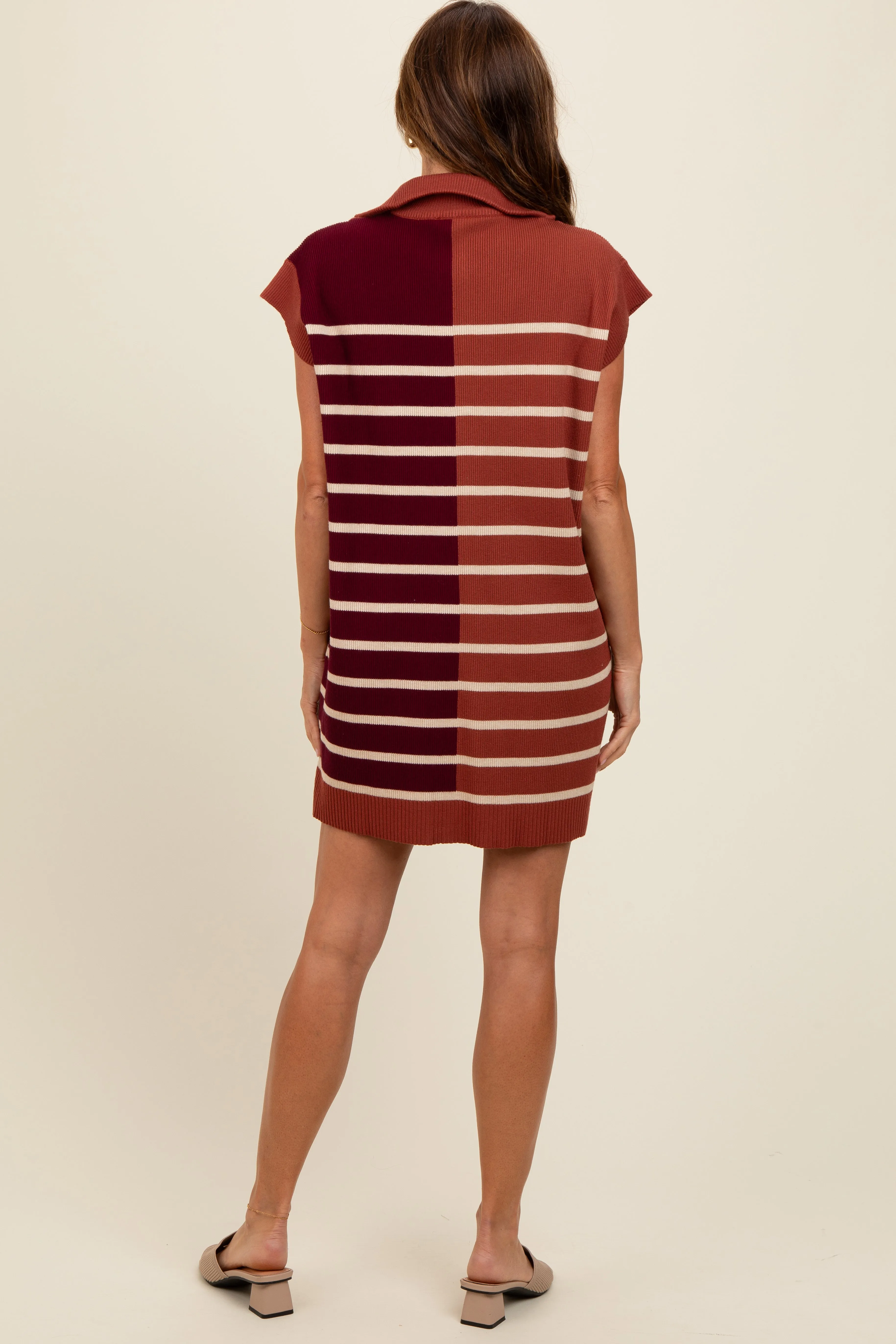 Rust Knit Striped Colorblock Collared Zip Up Mini Dress sold by Pinkblush product image thumbnail 4