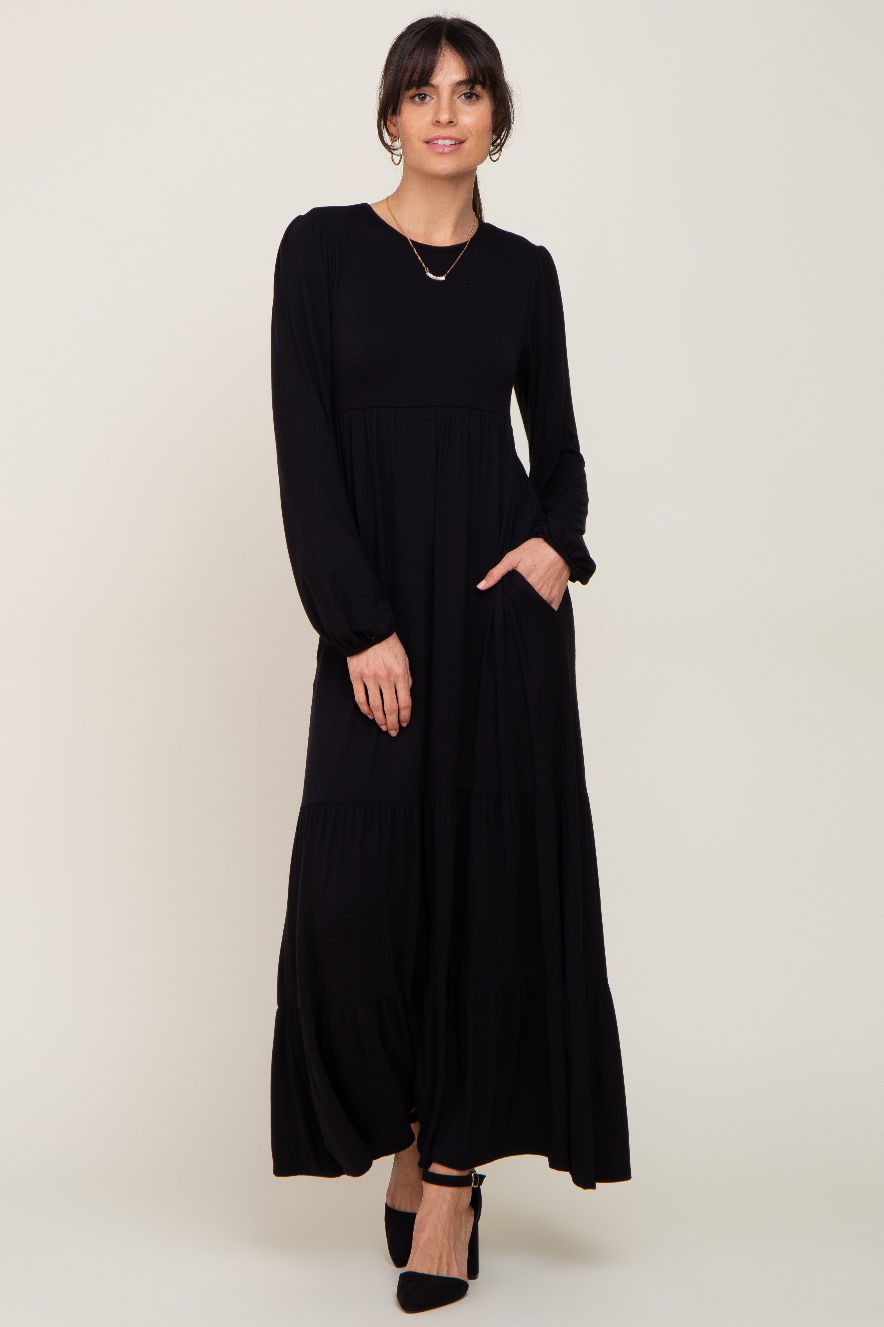 Black Long Sleeve Tiered Maxi Dress sold by Pinkblush product image thumbnail 4