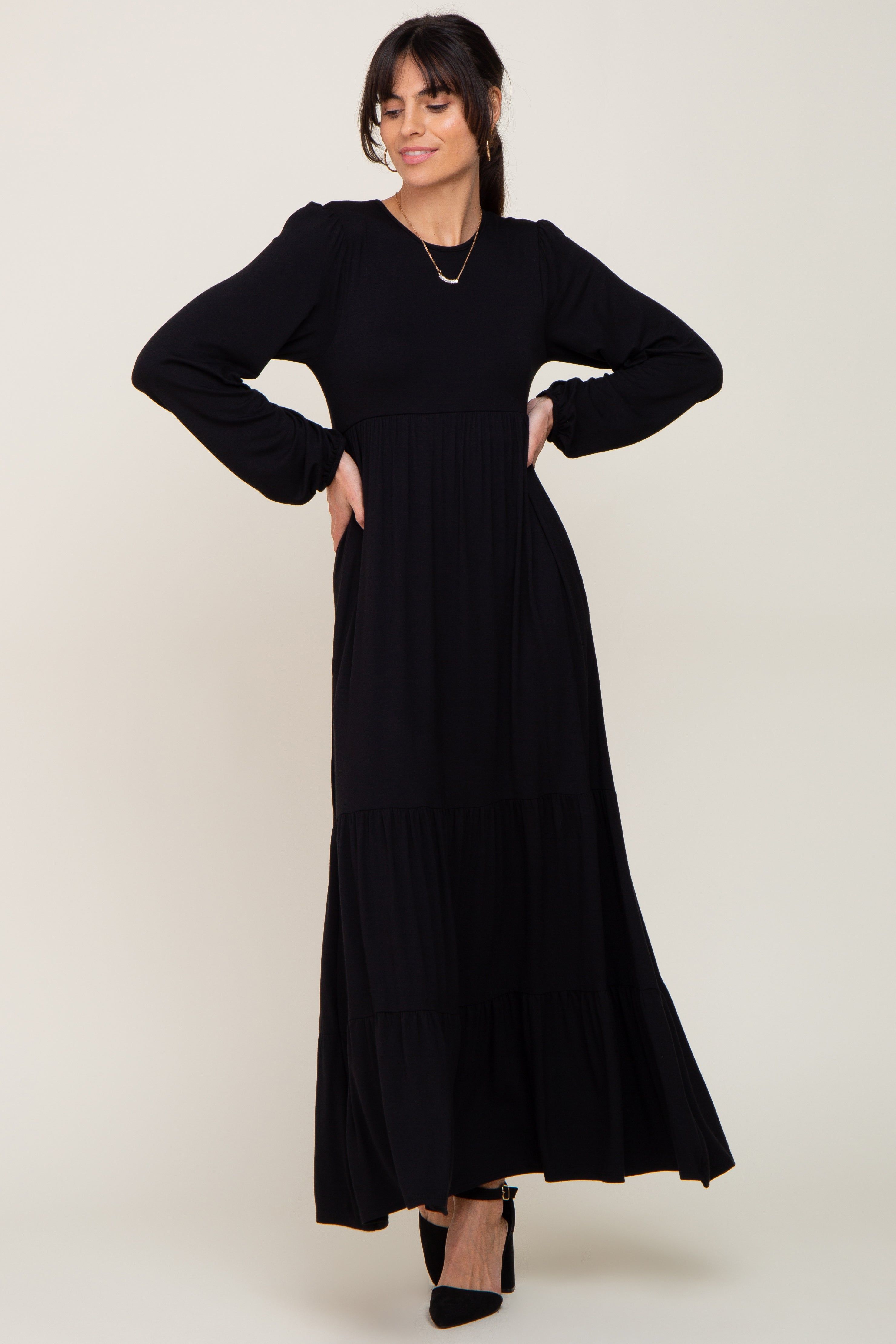 Black Long Sleeve Tiered Maxi Dress sold by Pinkblush