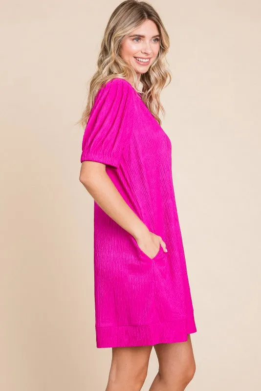 Fuchsia Textured Stripe Knit Short Puff Sleeve Dress sold by Pinkblush product image thumbnail 4
