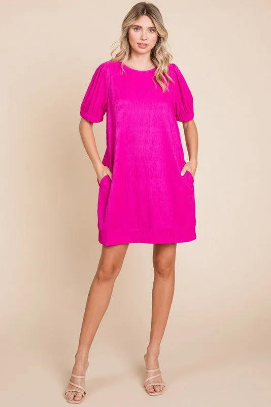 Fuchsia Textured Stripe Knit Short Puff Sleeve Dress sold by Pinkblush