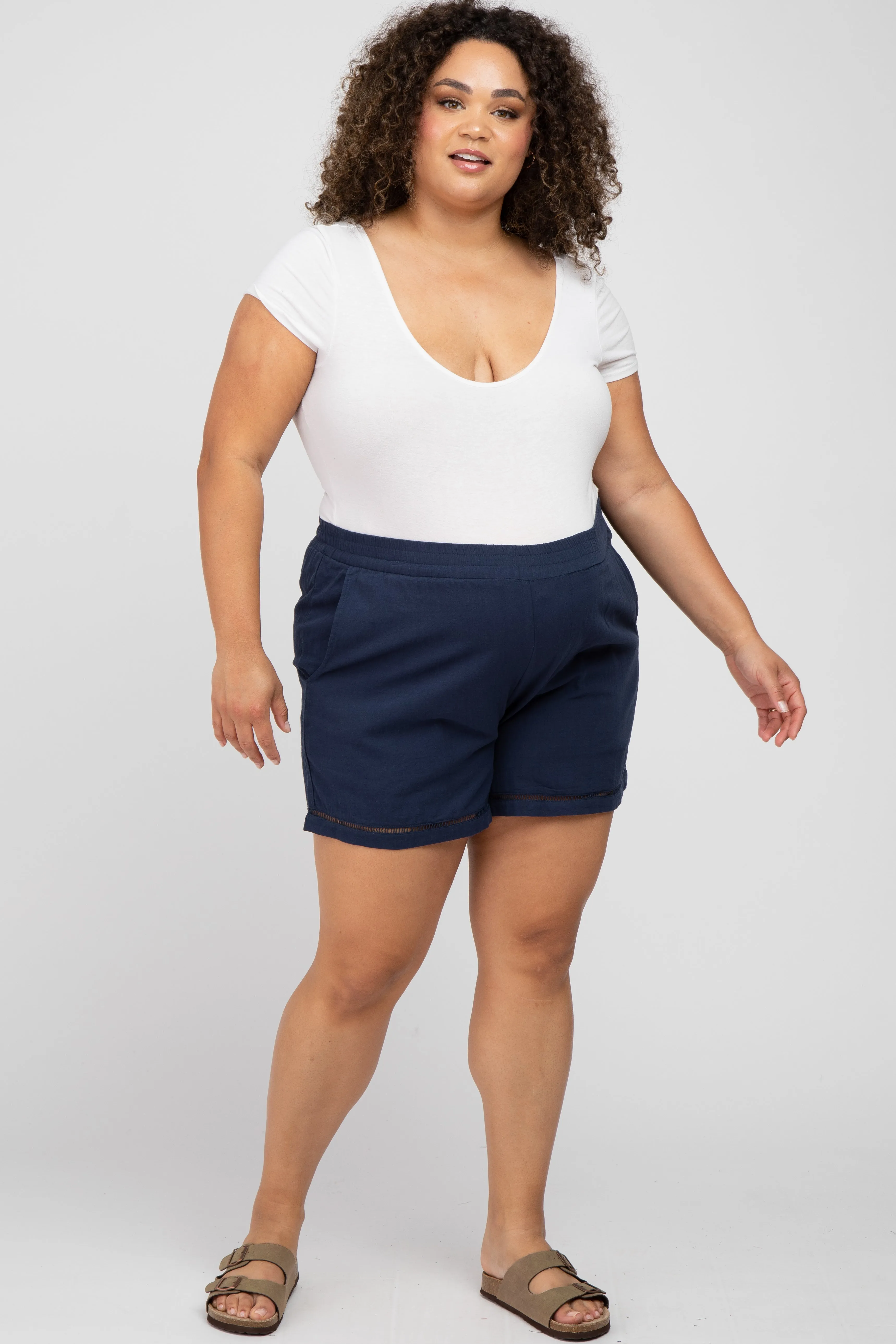 Navy Blue Ladder Trim Maternity Plus Shorts sold by Pinkblush